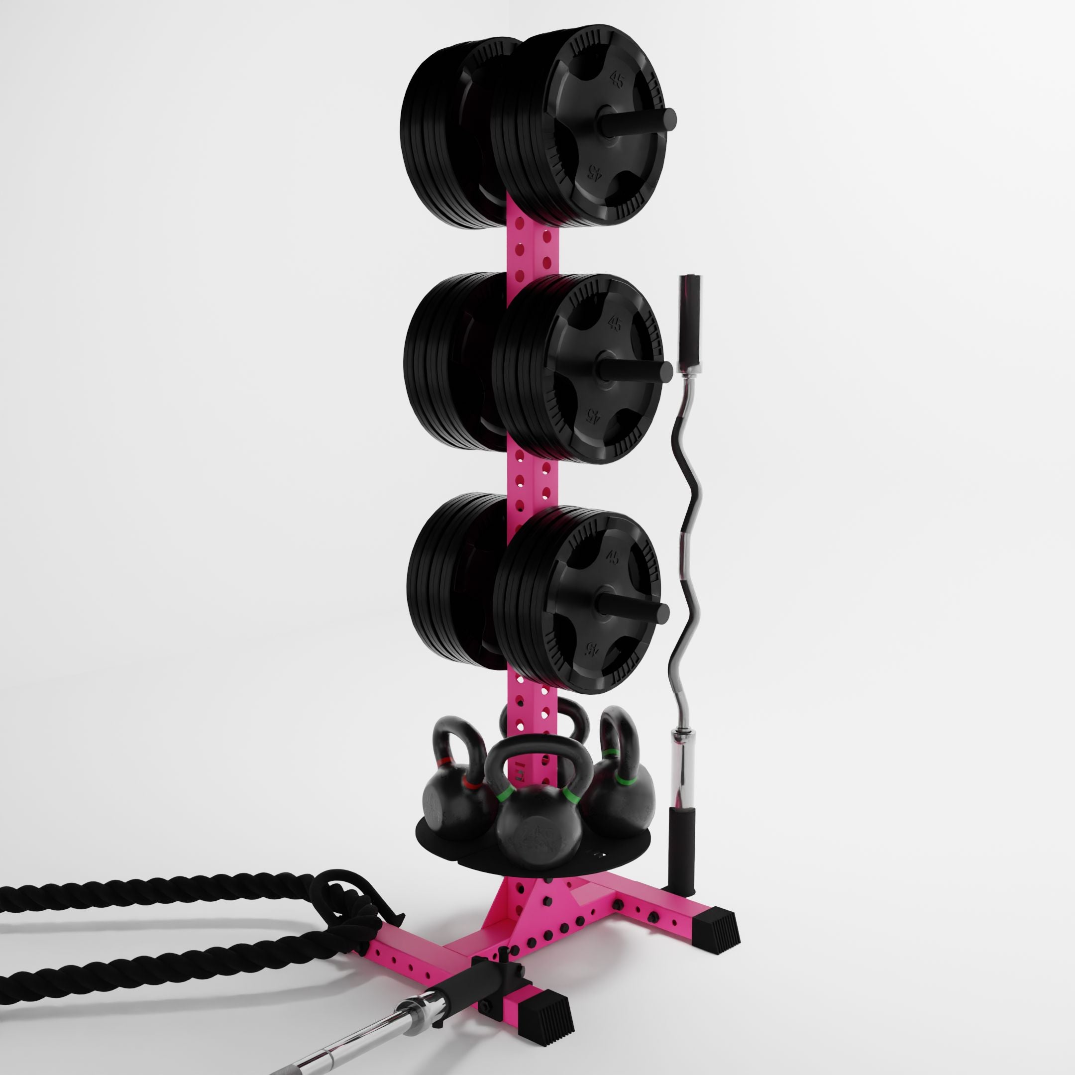 pink delta pk vertical hybrid weight plate and kettlebell storage rack storing weight plates, kettlebells, barbells, and a battle rope using storage attachment accessories