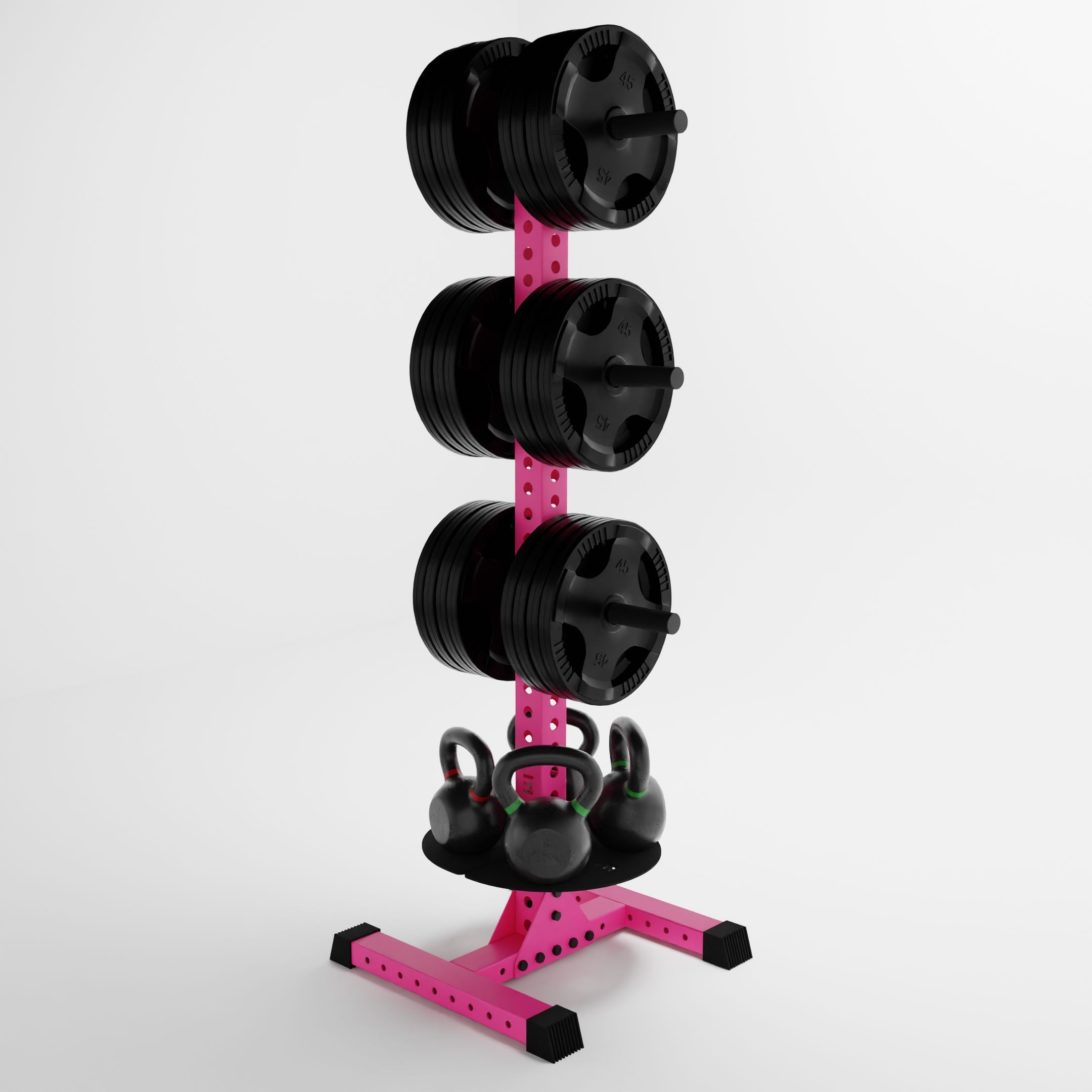 pink delta pk vertical hybrid weight plate and kettlebell storage rack storing weight plates and kettlebells side view