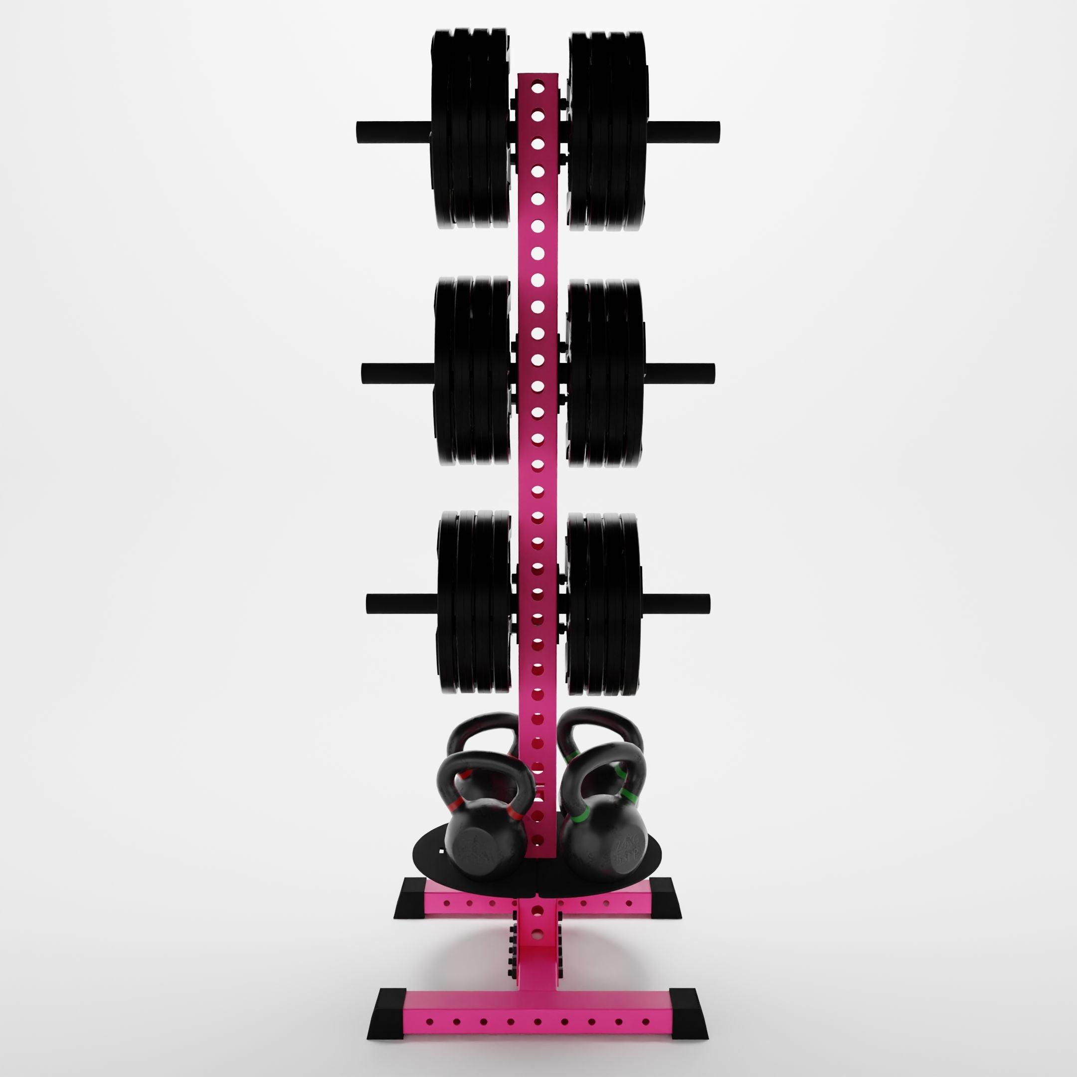 pink delta pk vertical hybrid weight plate and kettlebell storage rack storing weight plates and kettlebells