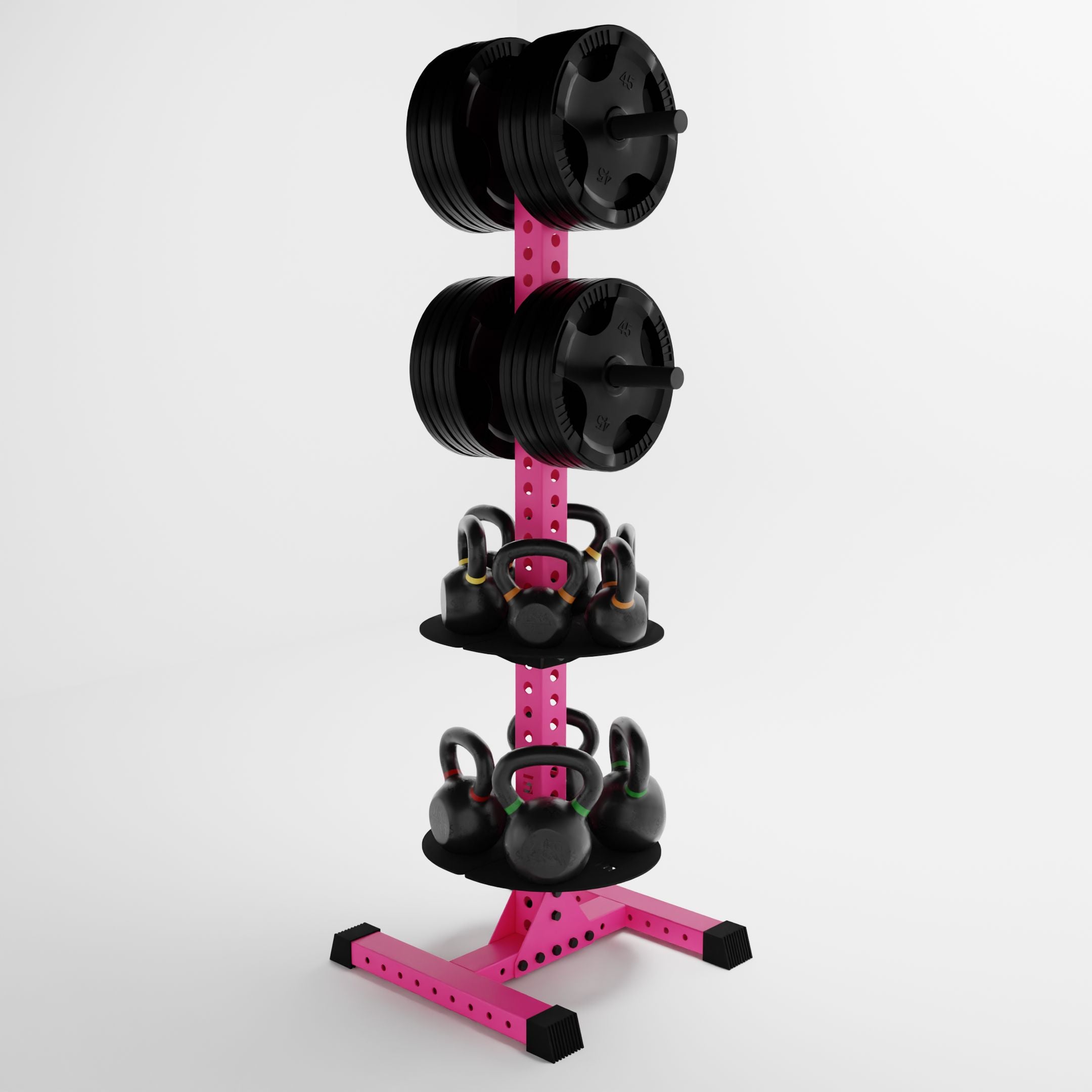 pink delta pk vertical hybrid weight plate and kettlebell storage rack storing weight plates and kettlebells side view