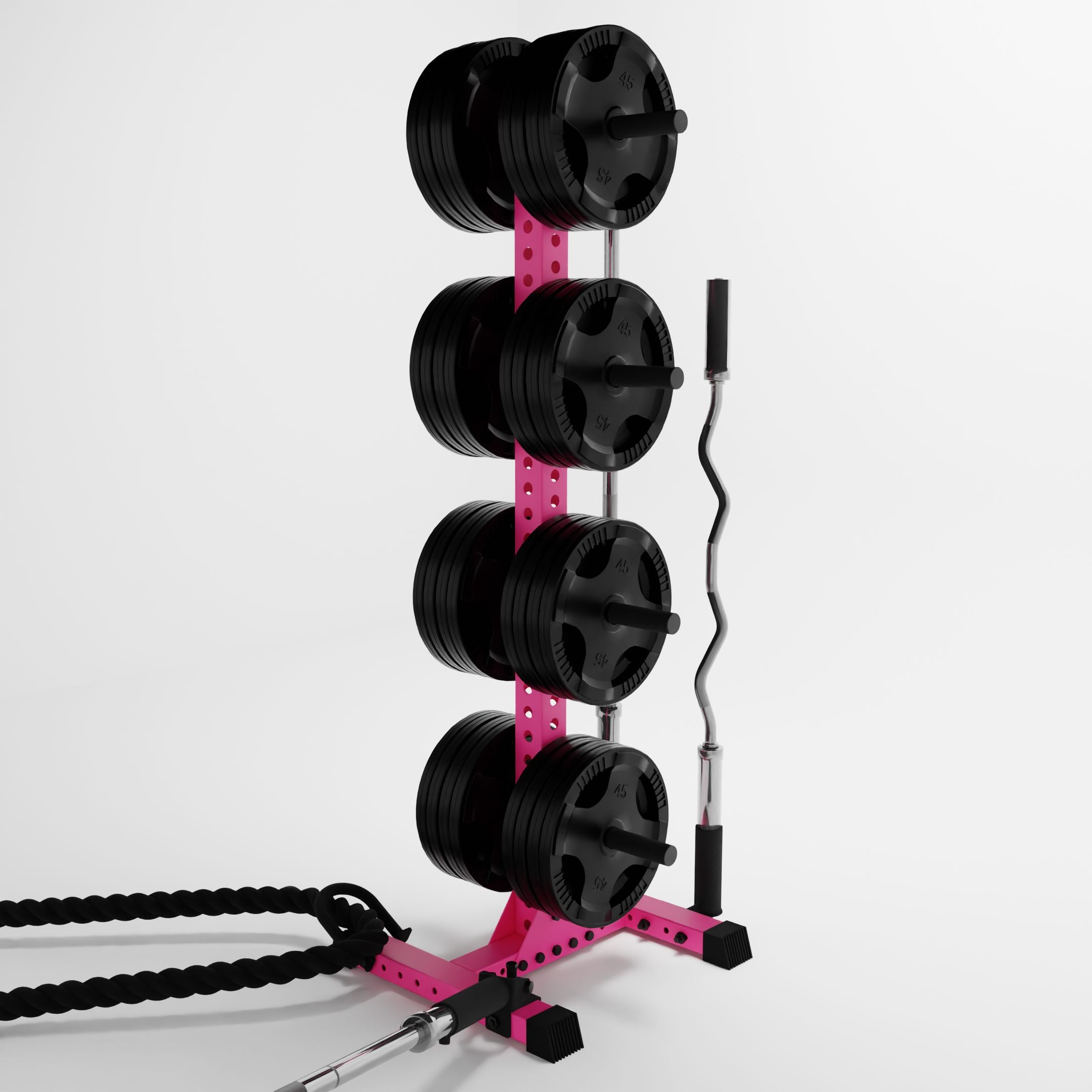 pink delta 4-tier vertical weight plate tree storing weight plates, barbells, and a battle rope using storage attachment accessories