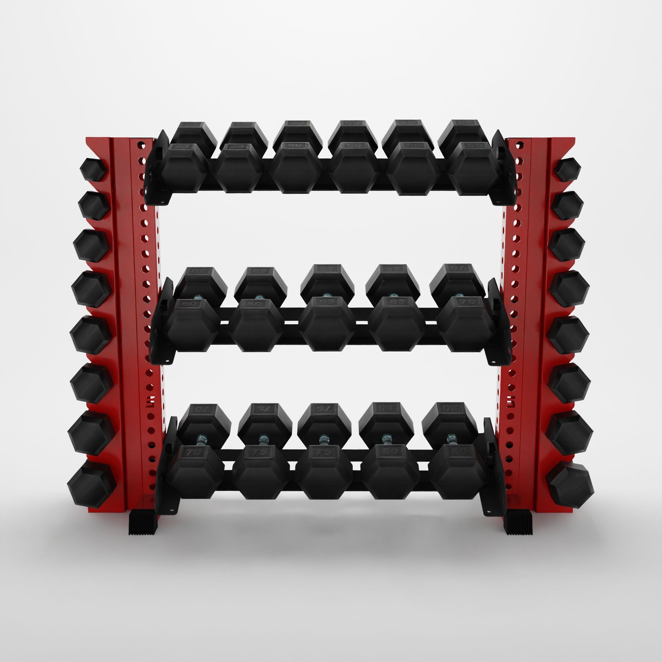 red 43-inch alpha 3-tier horizontal dumbbell rack with vertical add-ons storing hex dumbbells
