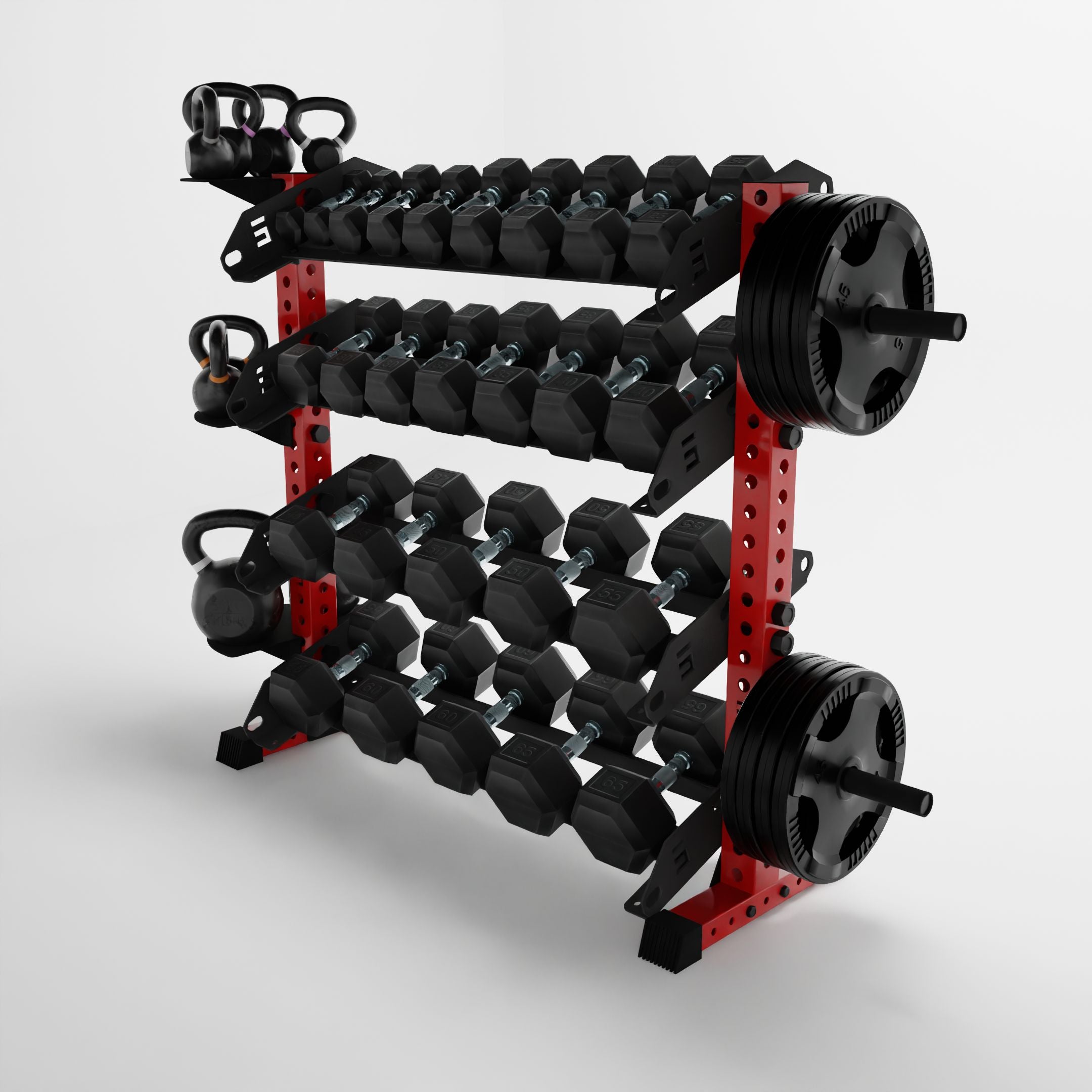 red 43-inch alpha 4-tier horizontal dumbbell rack storing dumbbells, weight plates, and kettlebells using storage attachment accessories