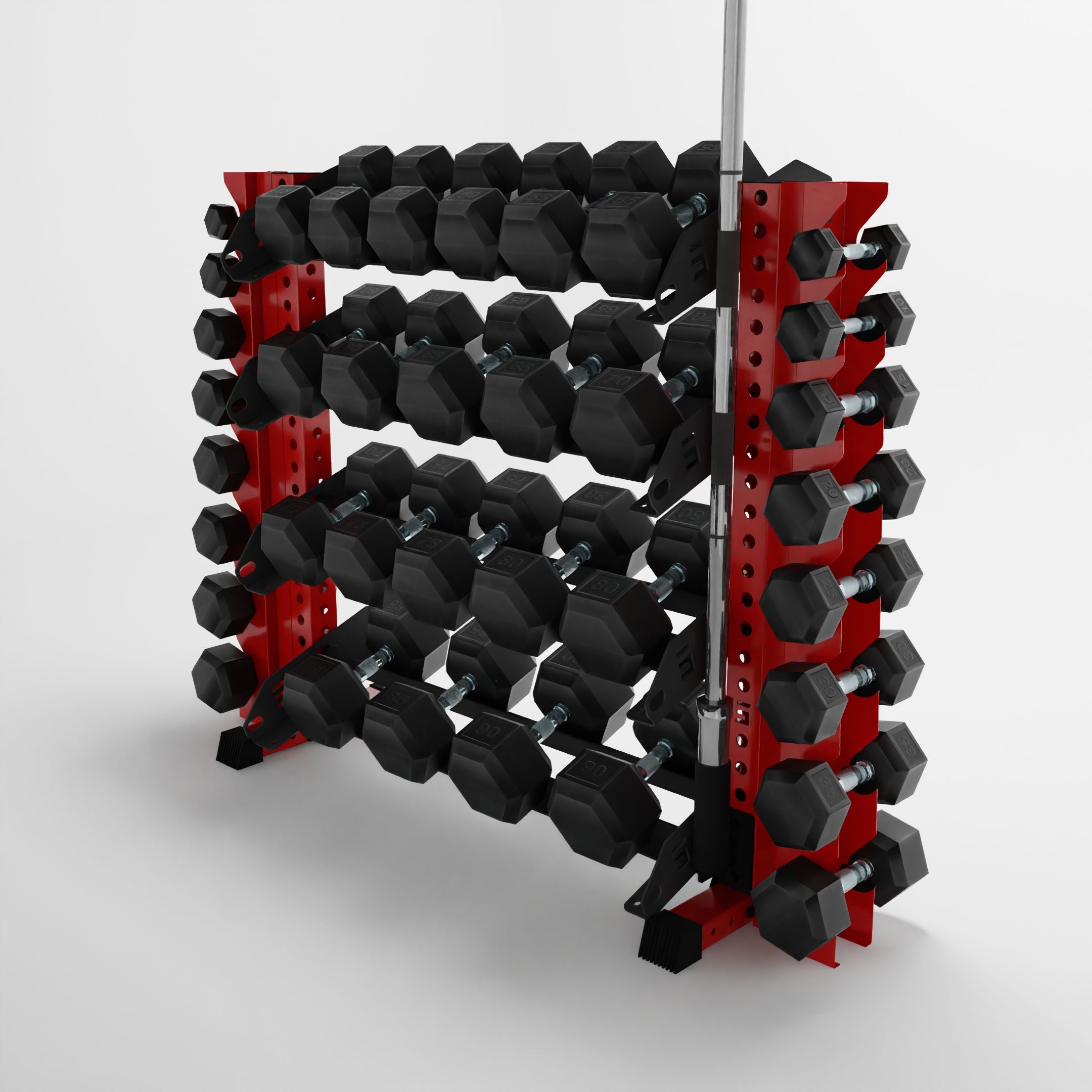 red 43-inch alpha 4-tier horizontal dumbbell rack with vertical add-ons storing dumbbells and a barbell using a storage attachment accessory