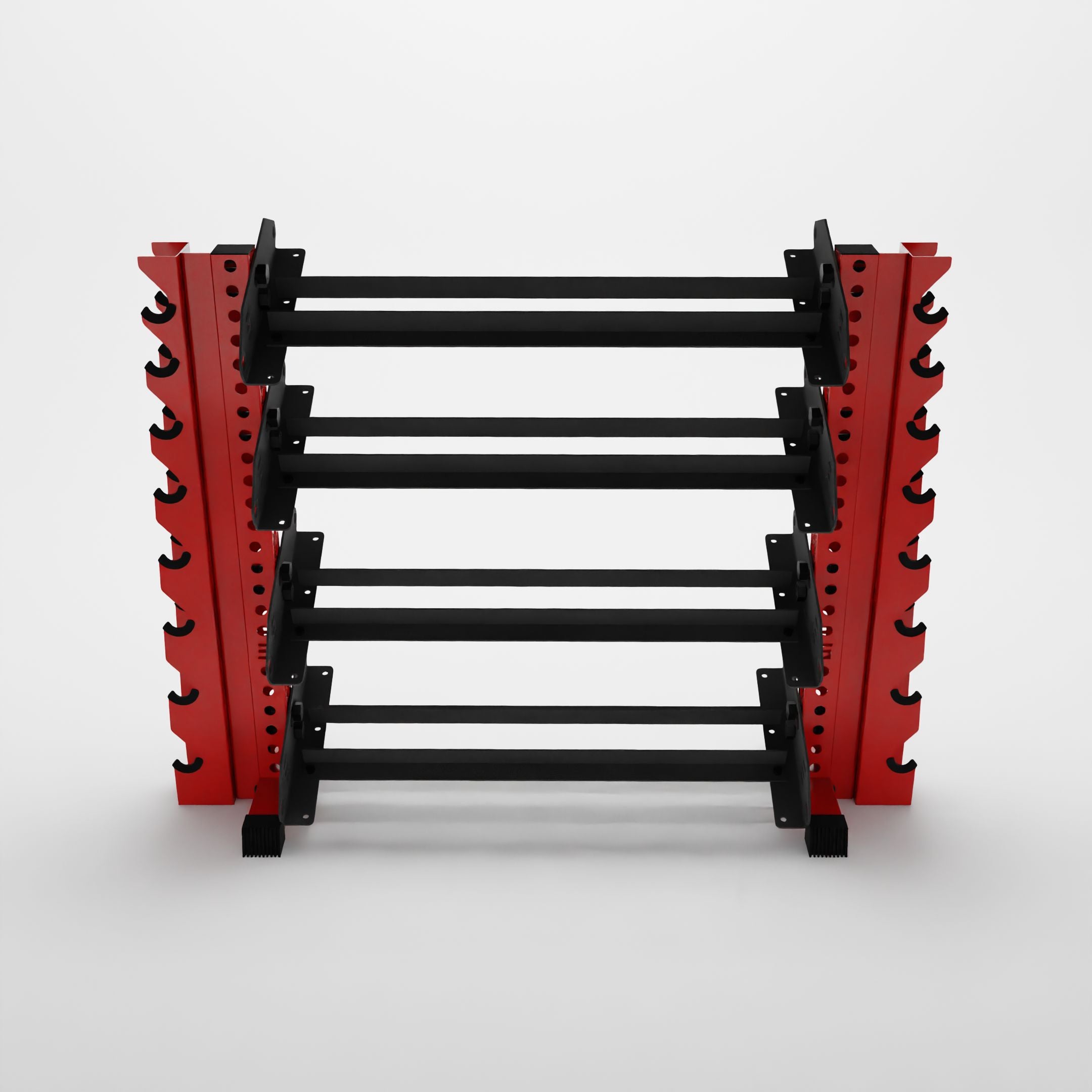 red 43-inch alpha 4-tier horizontal dumbbell rack with vertical add-ons