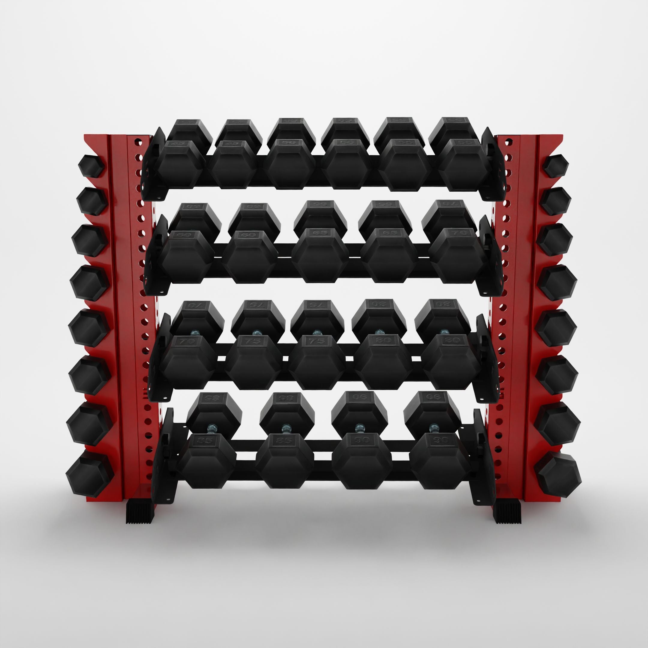 red 43-inch alpha 4-tier horizontal dumbbell rack with vertical add-ons storing hex dumbbells