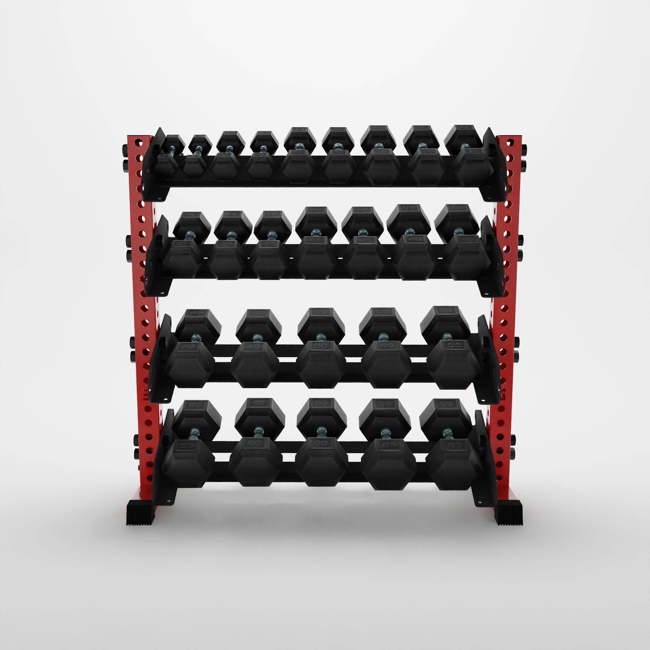 red 43-inch alpha 4-tier horizontal dumbbell rack storing hex dumbbells
