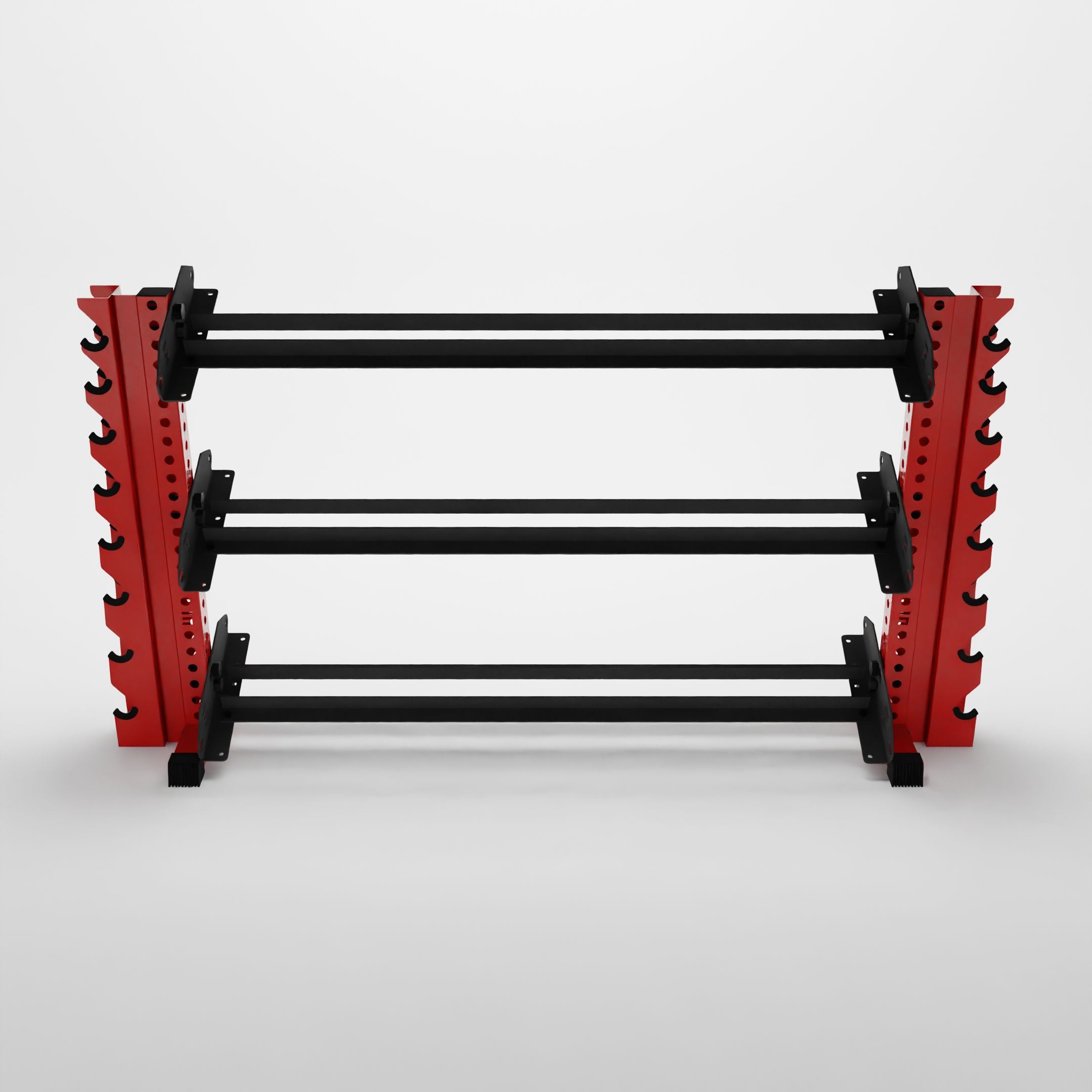 red 70-inch alpha 3-tier horizontal dumbbell rack with vertical add-ons