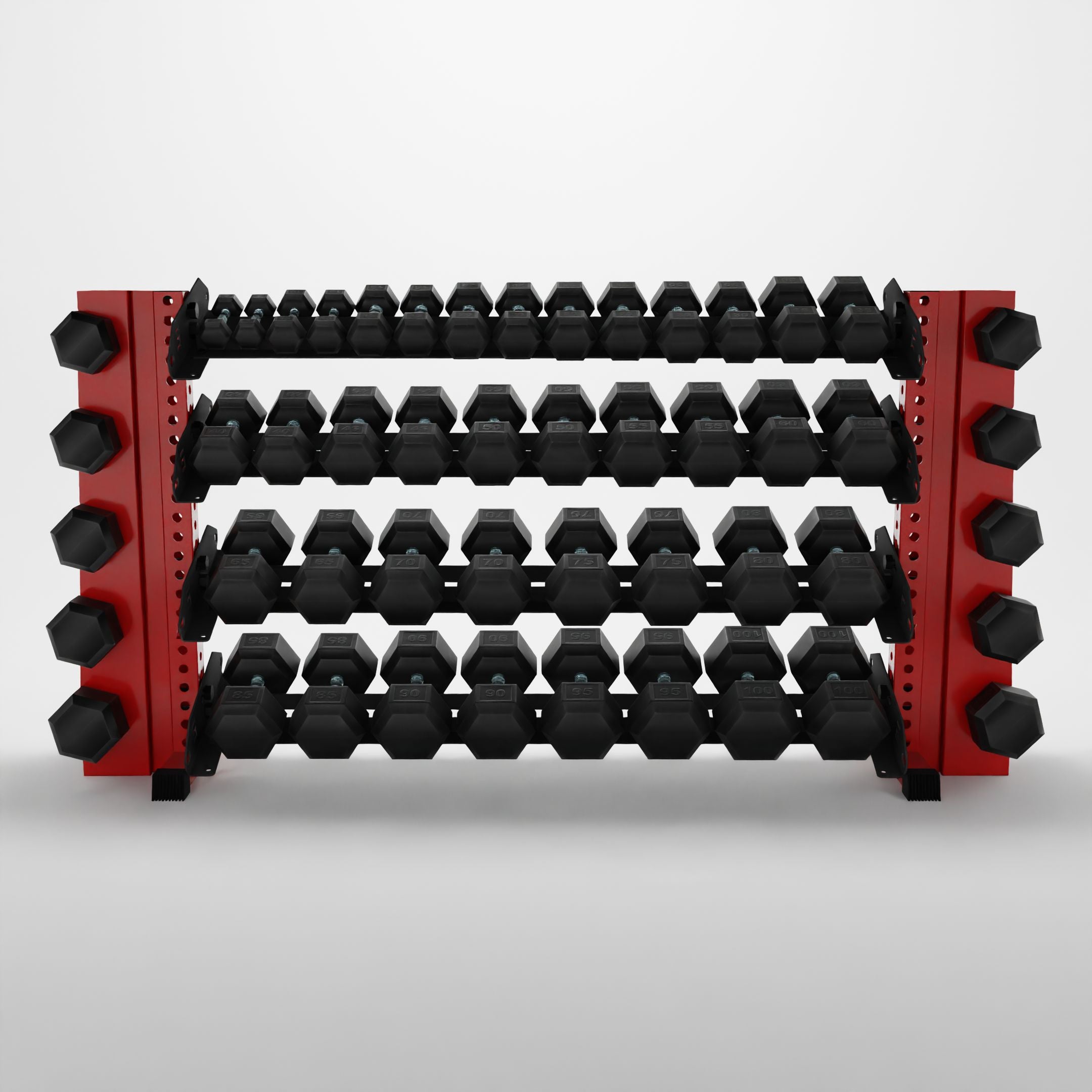 red 70-inch alpha 4-tier horizontal dumbbell rack with elite vertical add-ons storing hex dumbbells