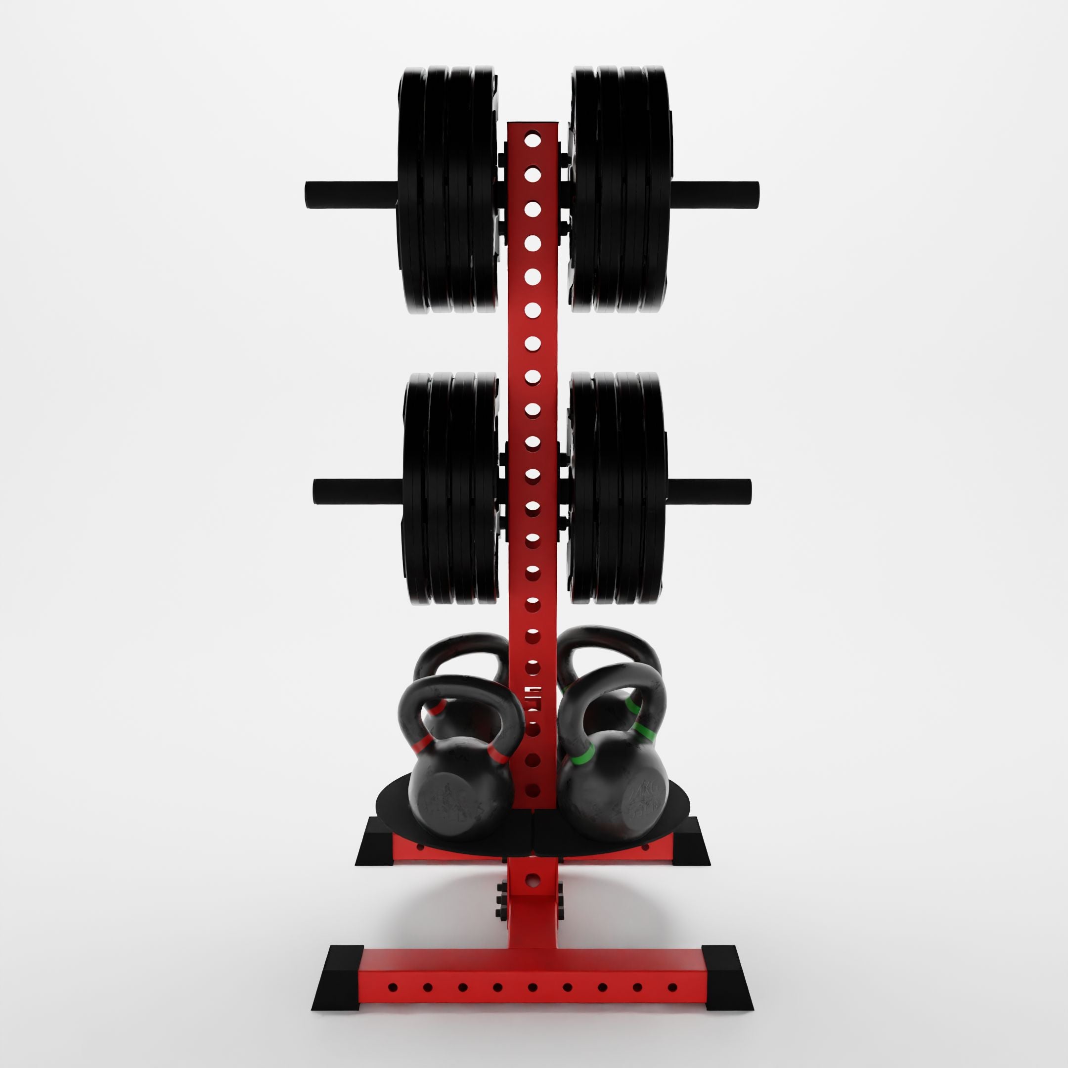 red alpha pk vertical hybrid plate and kettlebell storage rack storing weight plates and kettlebells