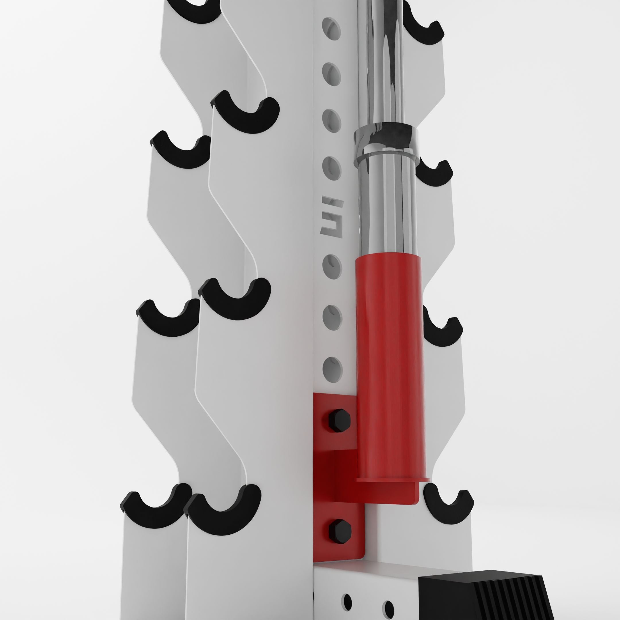 red barbell holder attachment for a 3x3 upright holding a barbell