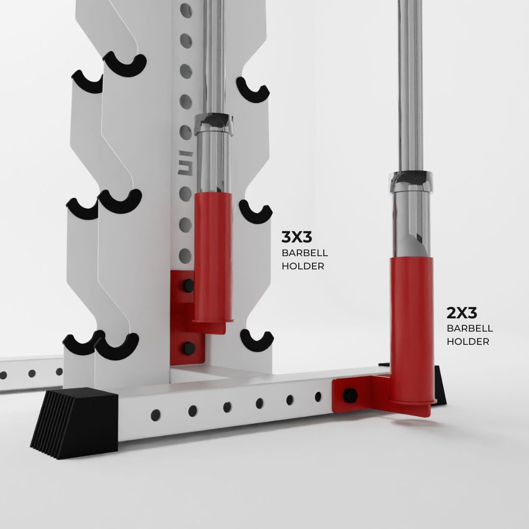 two red barbell holder attachments holding barbells