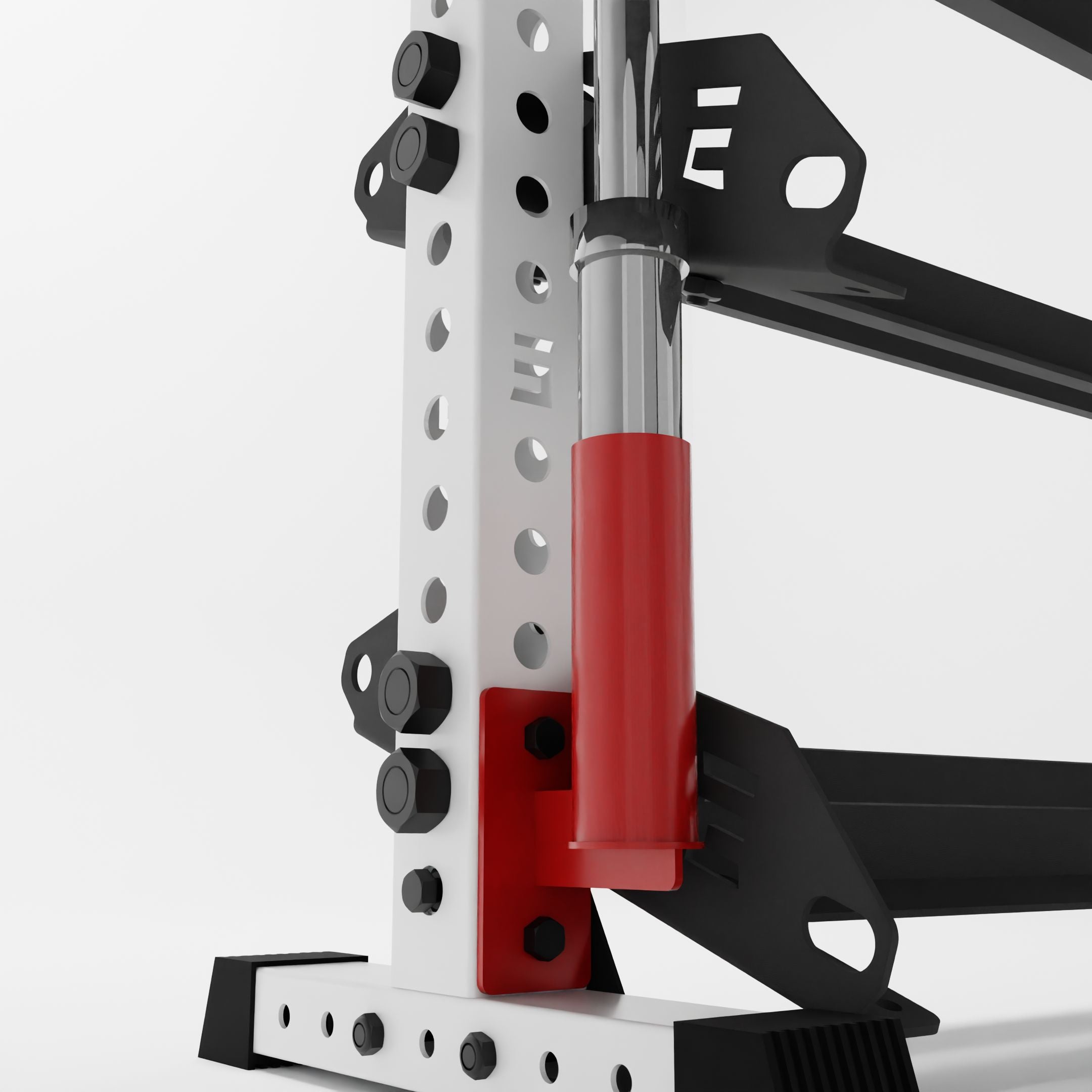 red barbell holder attachment for a 3x3 upright attached to a horizontal dumbbell rack