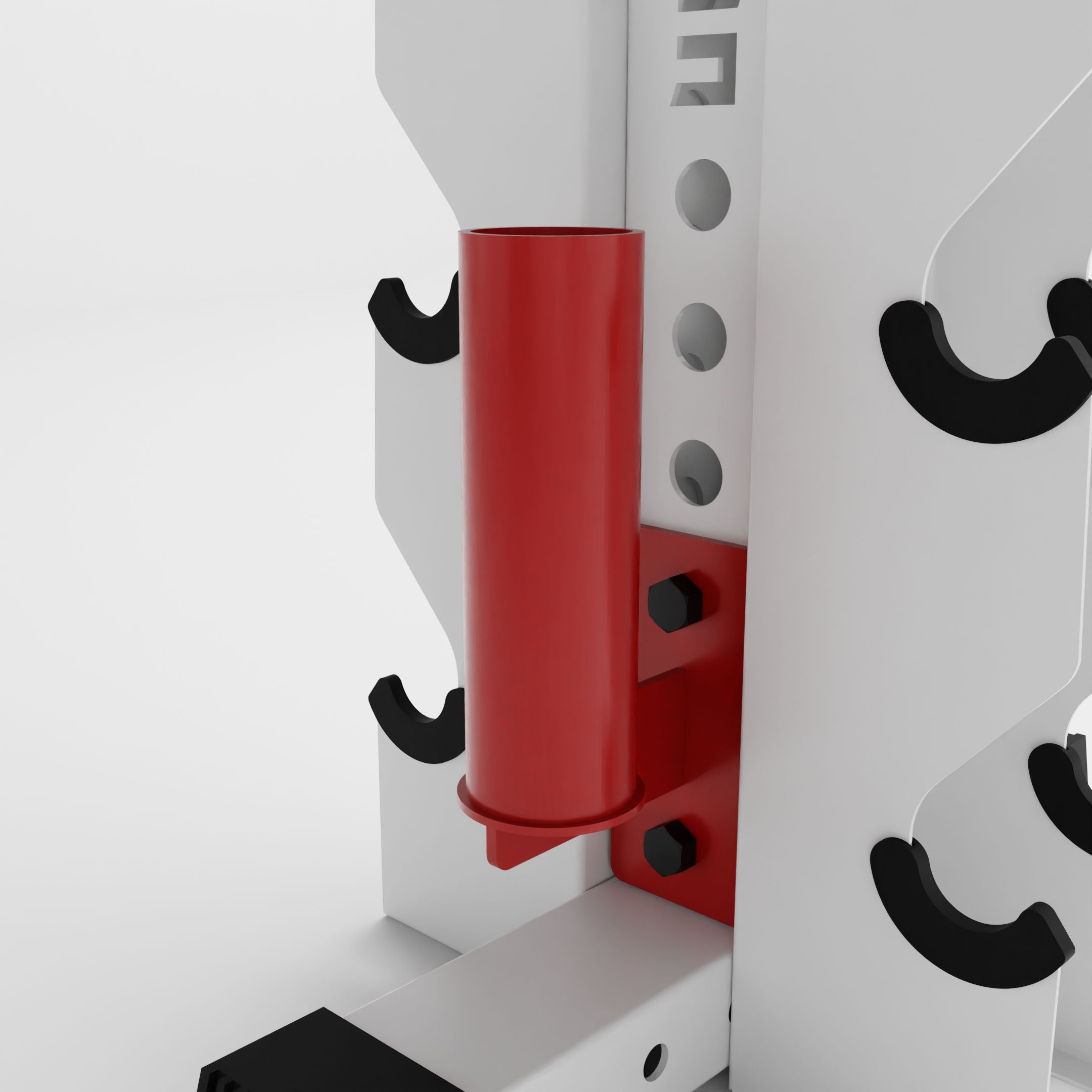 red barbell holder attachment for a 3x3 upright attached to a vertical dumbbell rack
