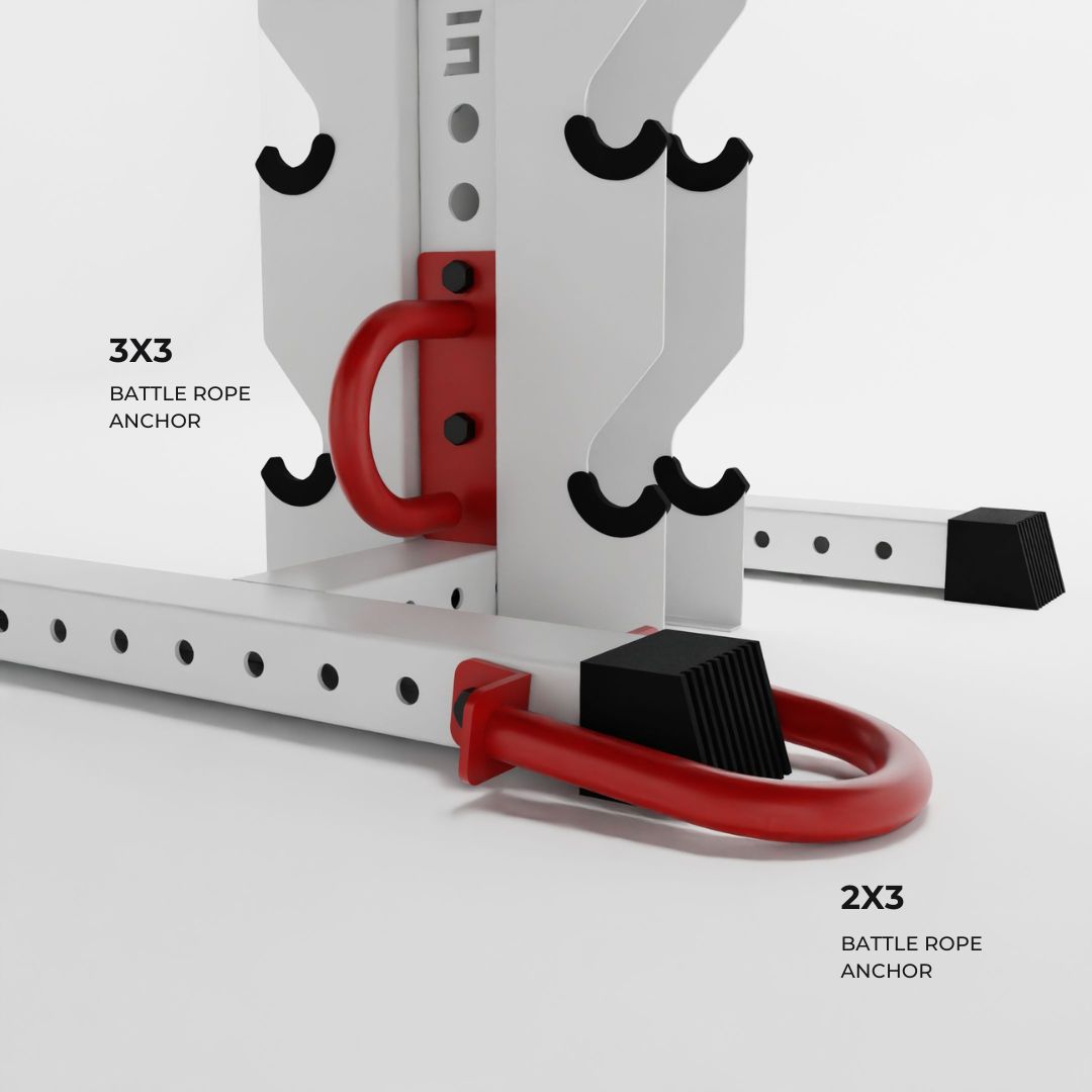 red battle rope anchors attached to a rack base