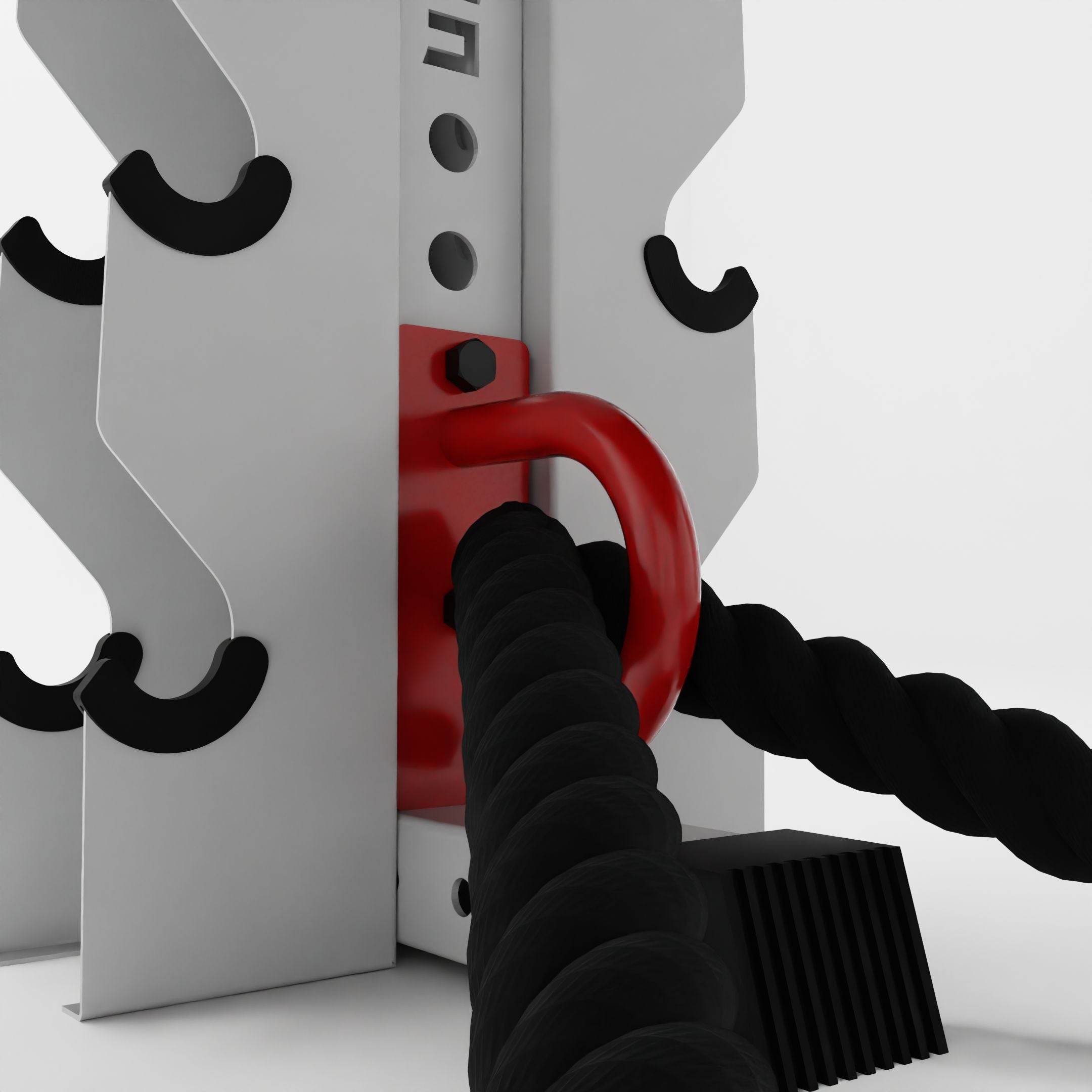 red battle rope anchor for a 3x3 upright holding a battle rope