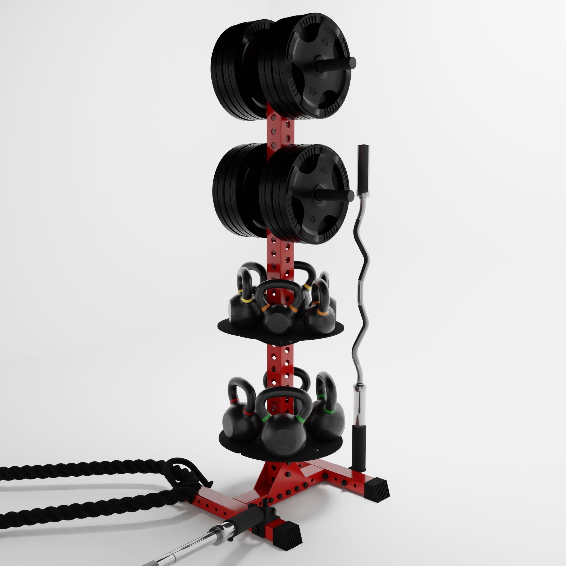 red delta pk vertical hybrid weight plate and kettlebell storage rack storing weight plates, kettlebells, barbells, and a battle rope using storage attachment accessories