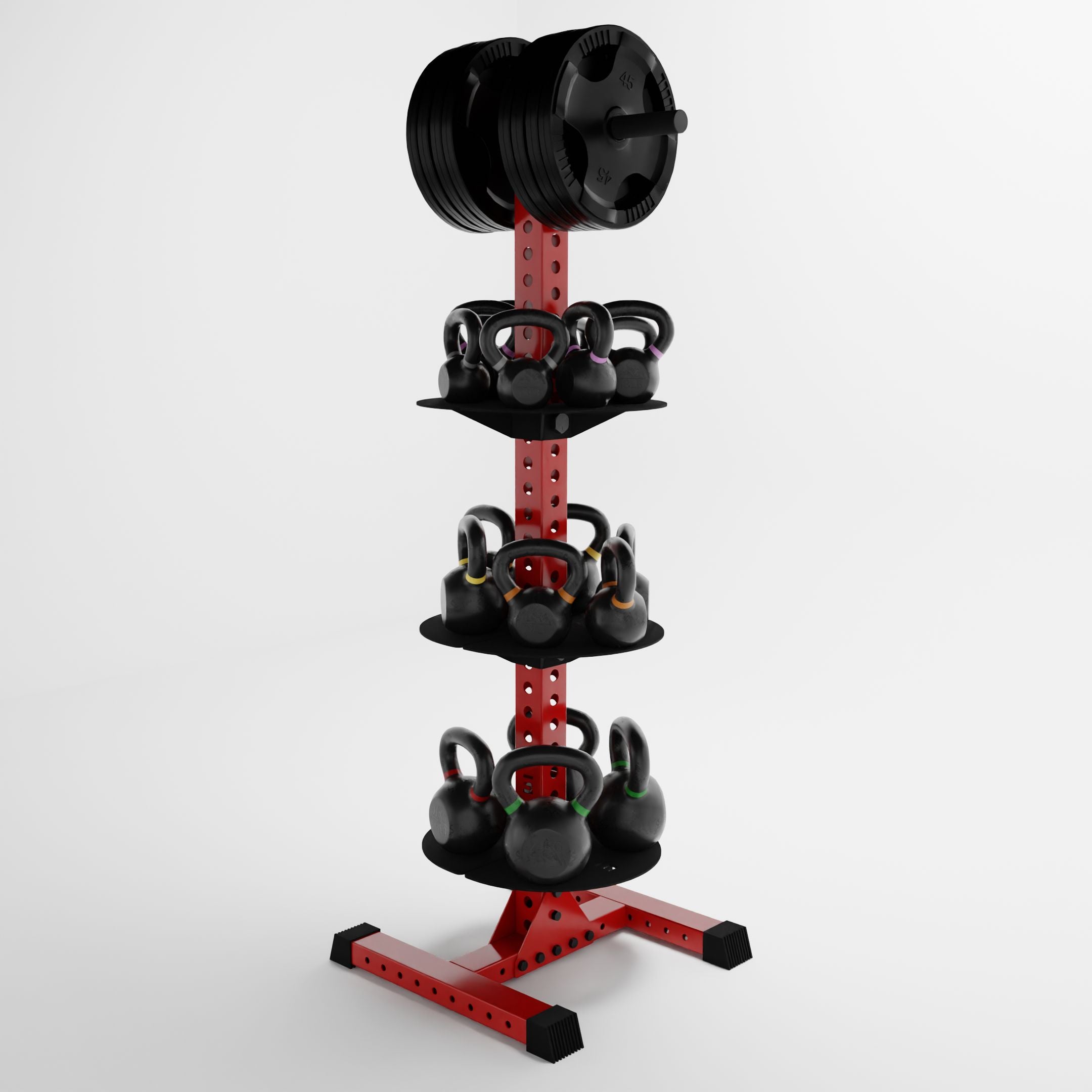red delta pk vertical hybrid weight plate and kettlebell storage rack storing weight plates and kettlebells side view