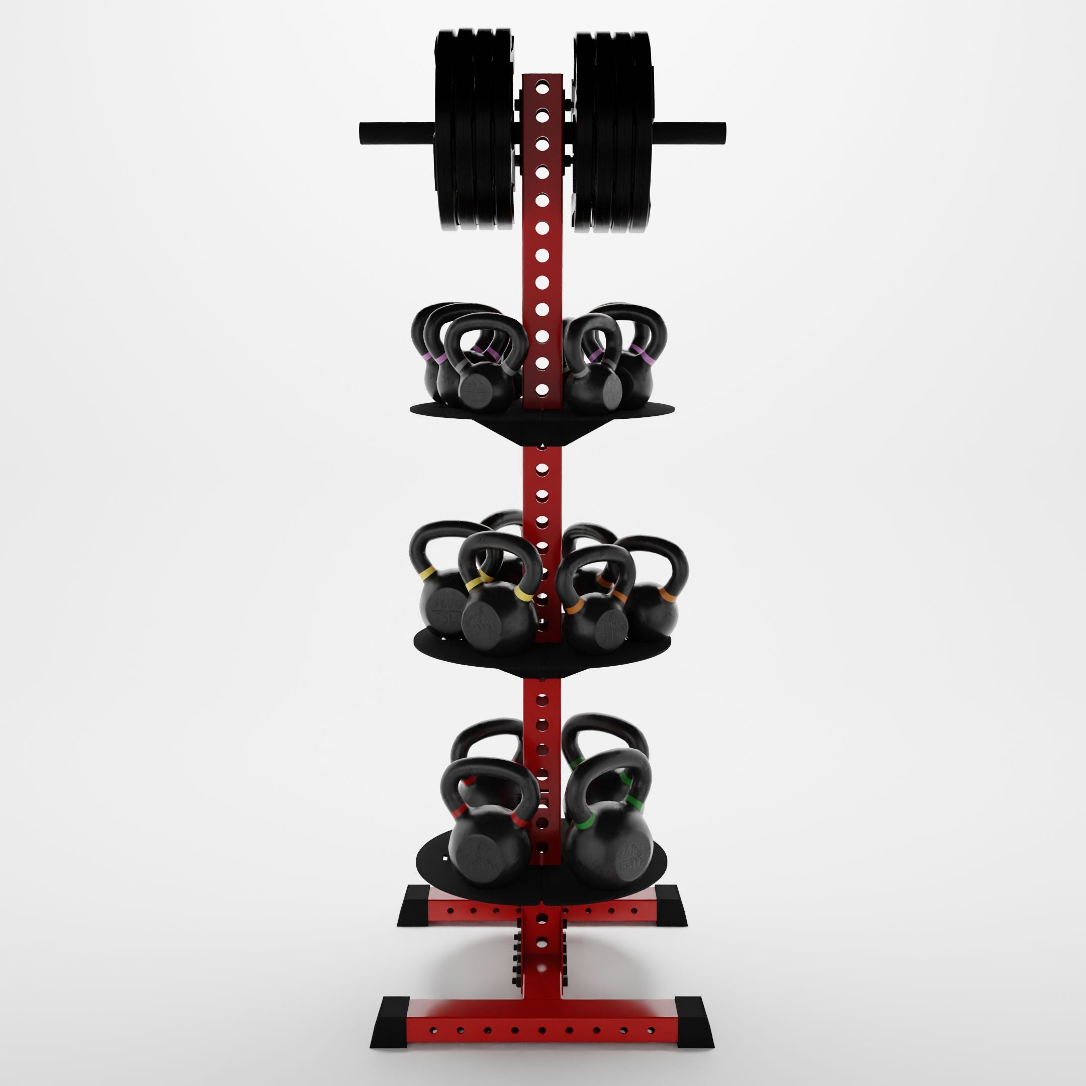 red delta pk vertical hybrid weight plate and kettlebell storage rack storing weight plates and kettlebells