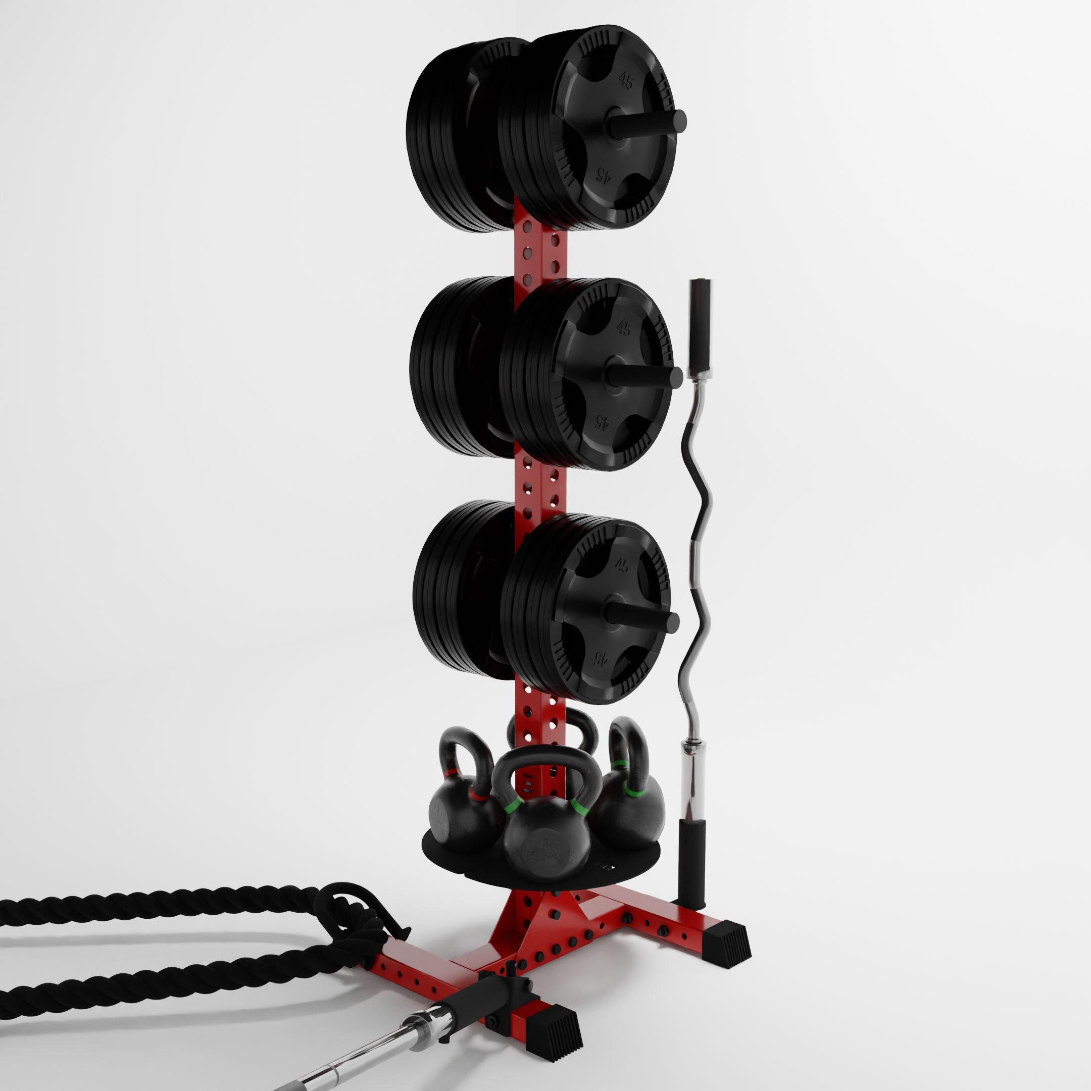 red delta pk vertical hybrid weight plate and kettlebell storage rack storing weight plates, kettlebells, barbells, and a battle rope using storage attachment accessories