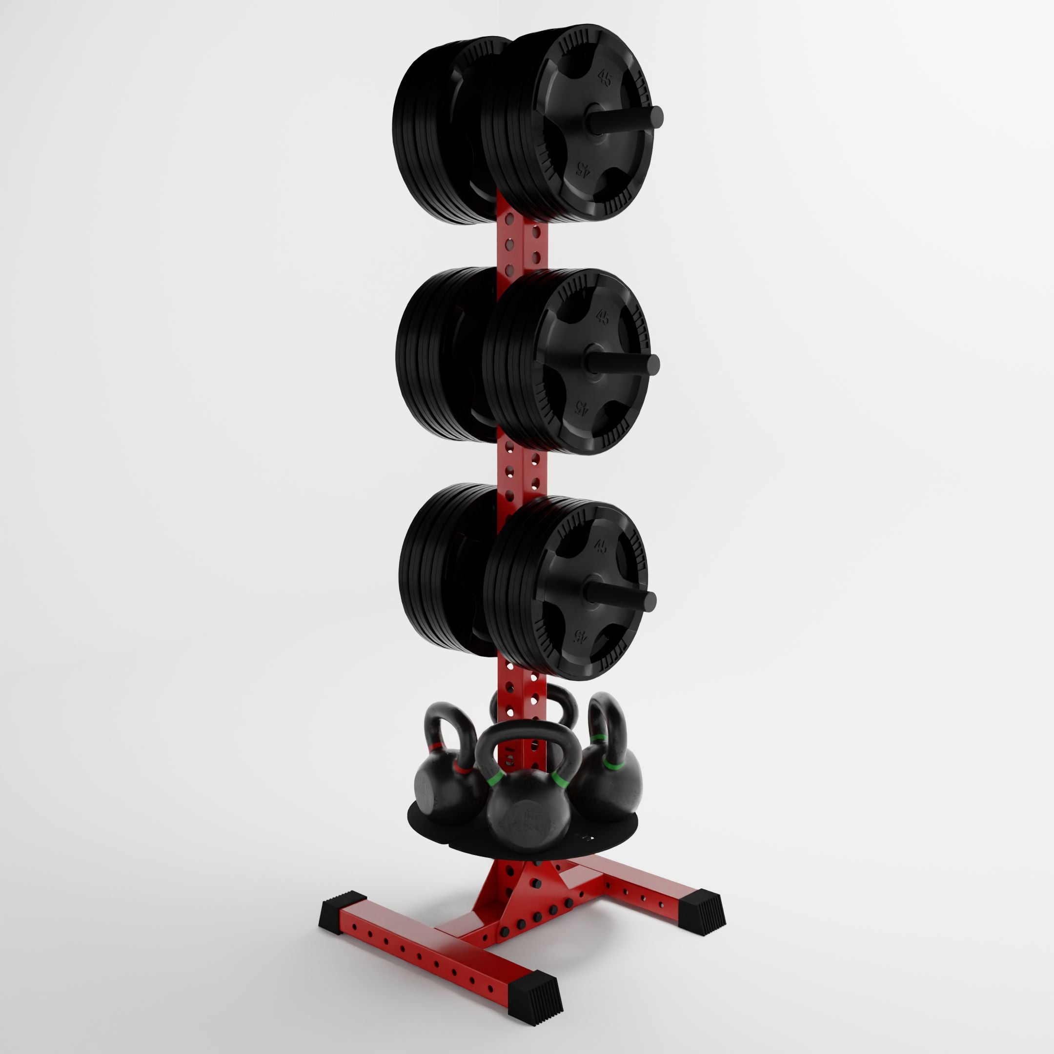 red delta pk vertical hybrid weight plate and kettlebell storage rack storing weight plates and kettlebells side view