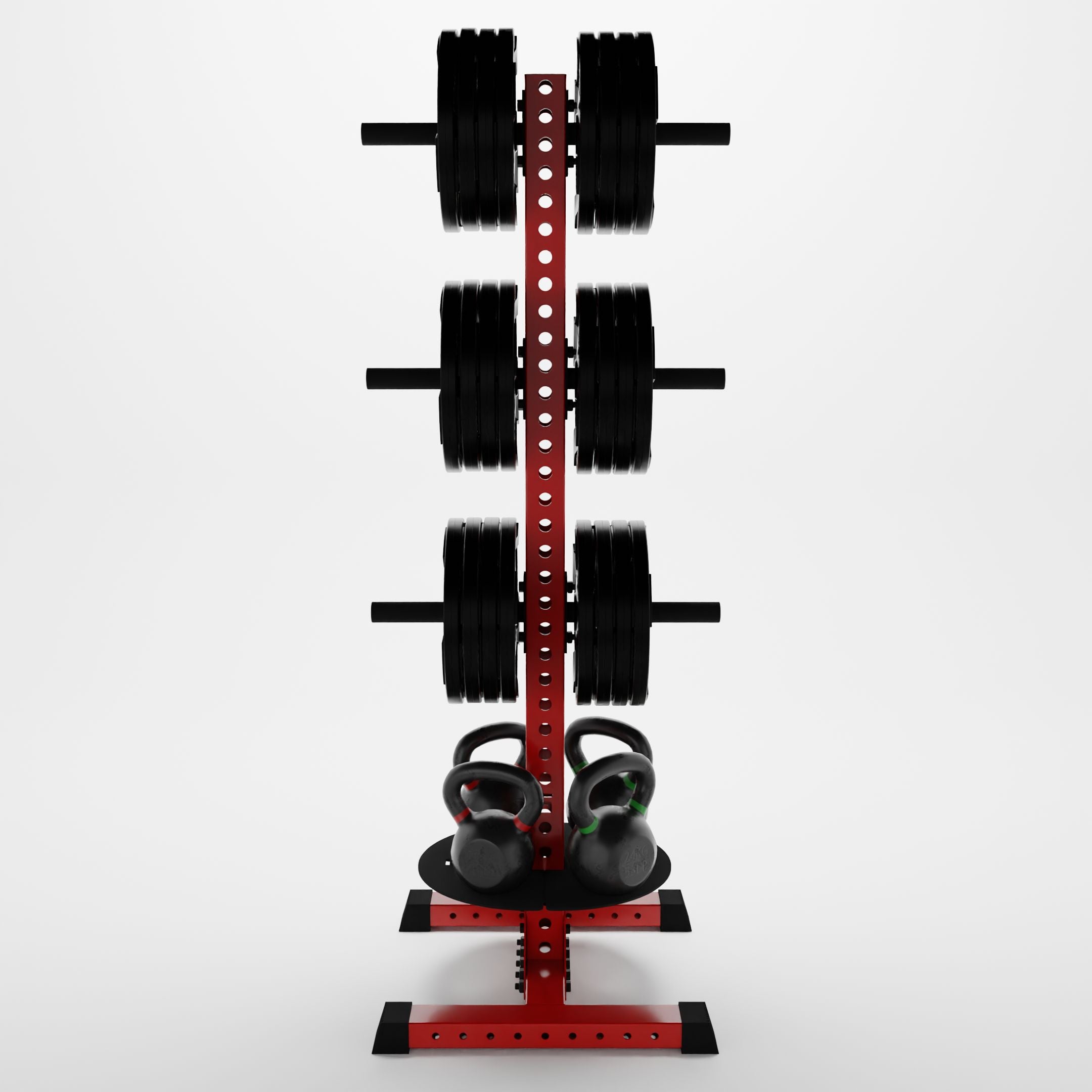 red delta pk vertical hybrid weight plate and kettlebell storage rack storing weight plates and kettlebells