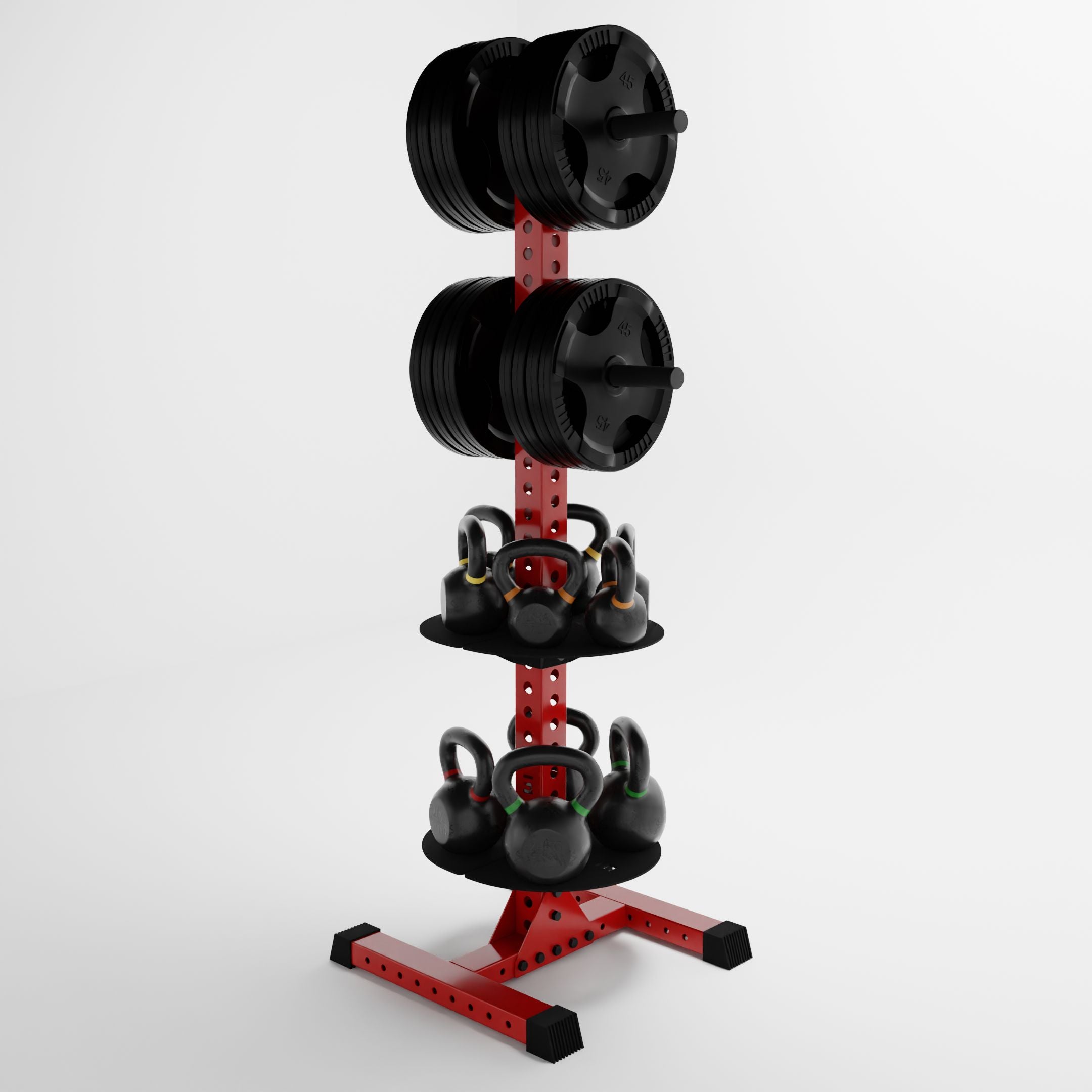 red delta pk vertical hybrid weight plate and kettlebell storage rack storing weight plates and kettlebells side view