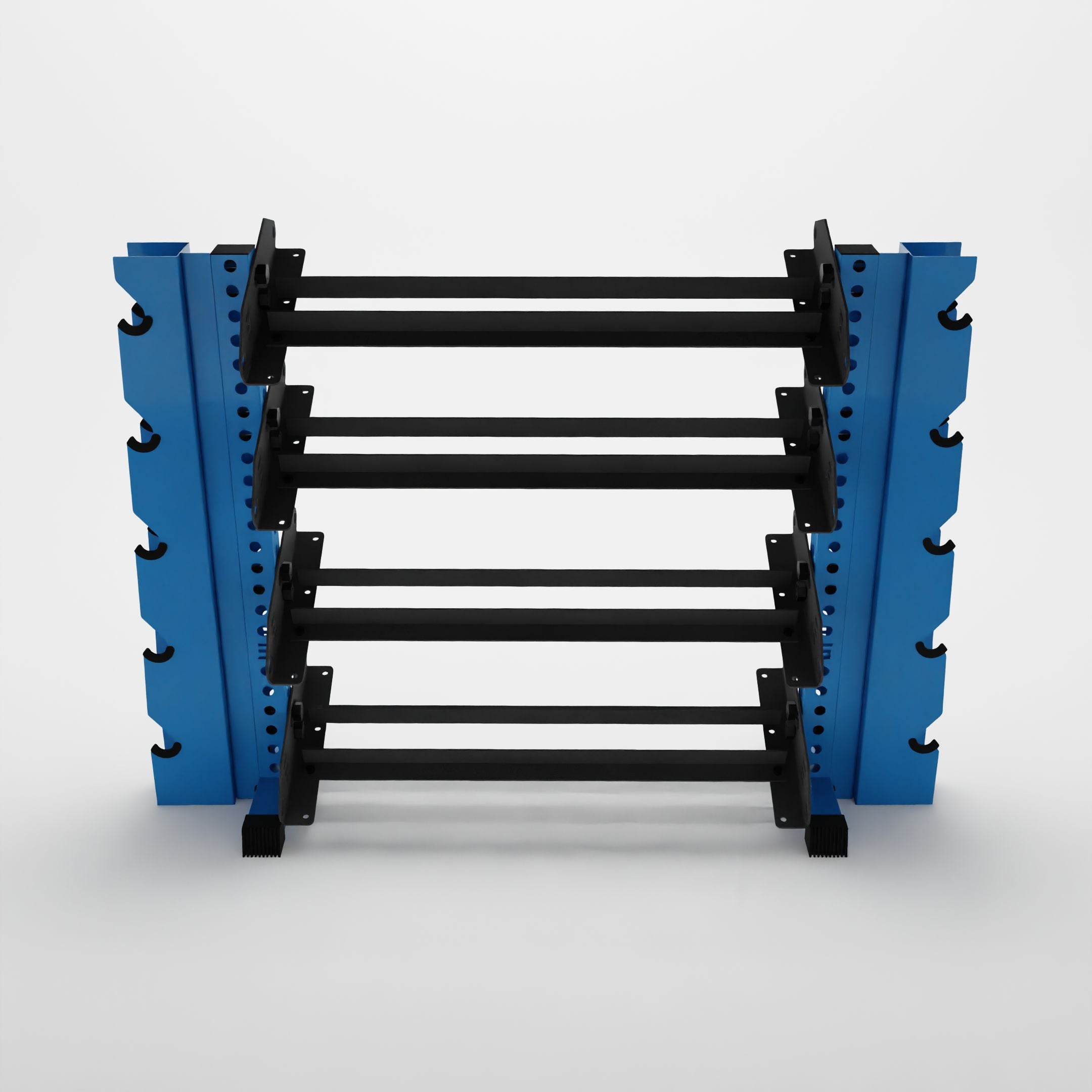synergy blue 43-inch alpha 4-tier horizontal dumbbell rack with elite vertical add-ons