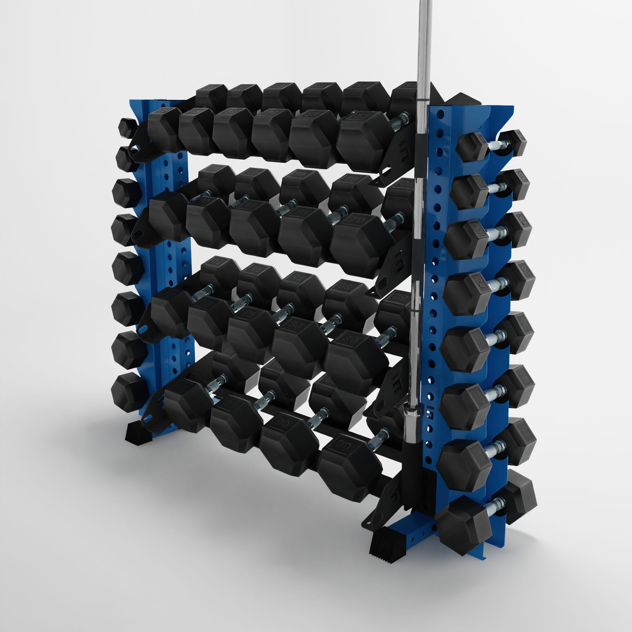 synergy blue 43-inch alpha 4-tier horizontal dumbbell with vertical add-ons storing dumbbells and a barbell using a storage attachment accessory