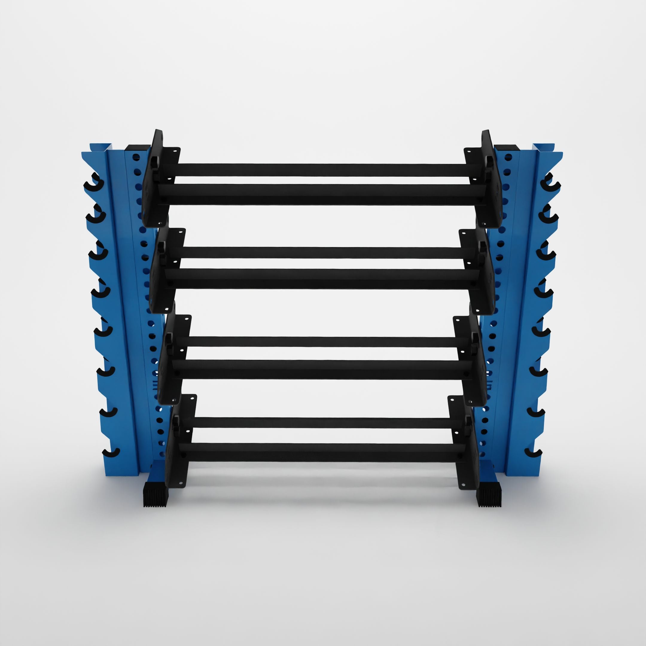 synergy blue 43-inch alpha 4-tier horizontal dumbbell rack with vertical add-ons