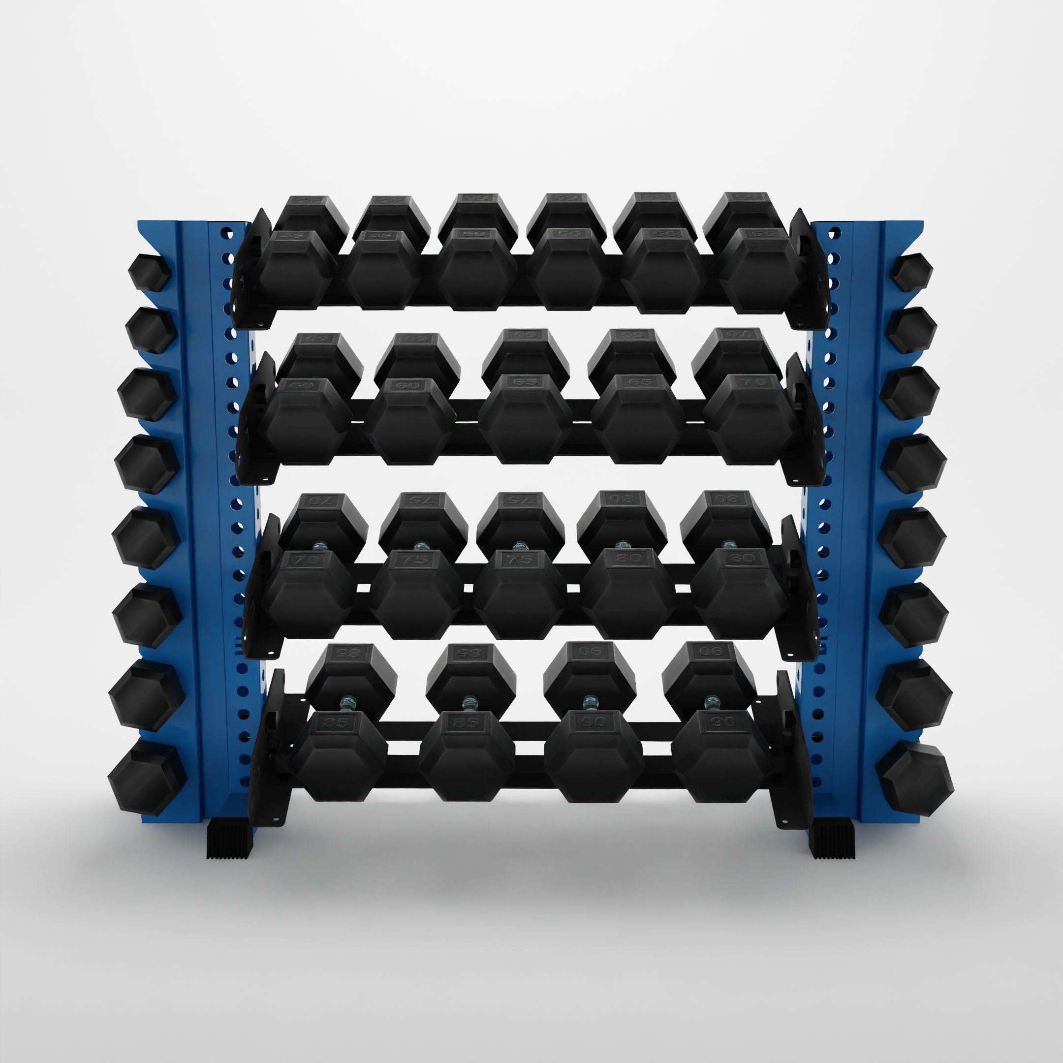synergy blue 43-inch alpha 4-tier horizontal dumbbell rack with vertical add-ons storing hex dumbbells