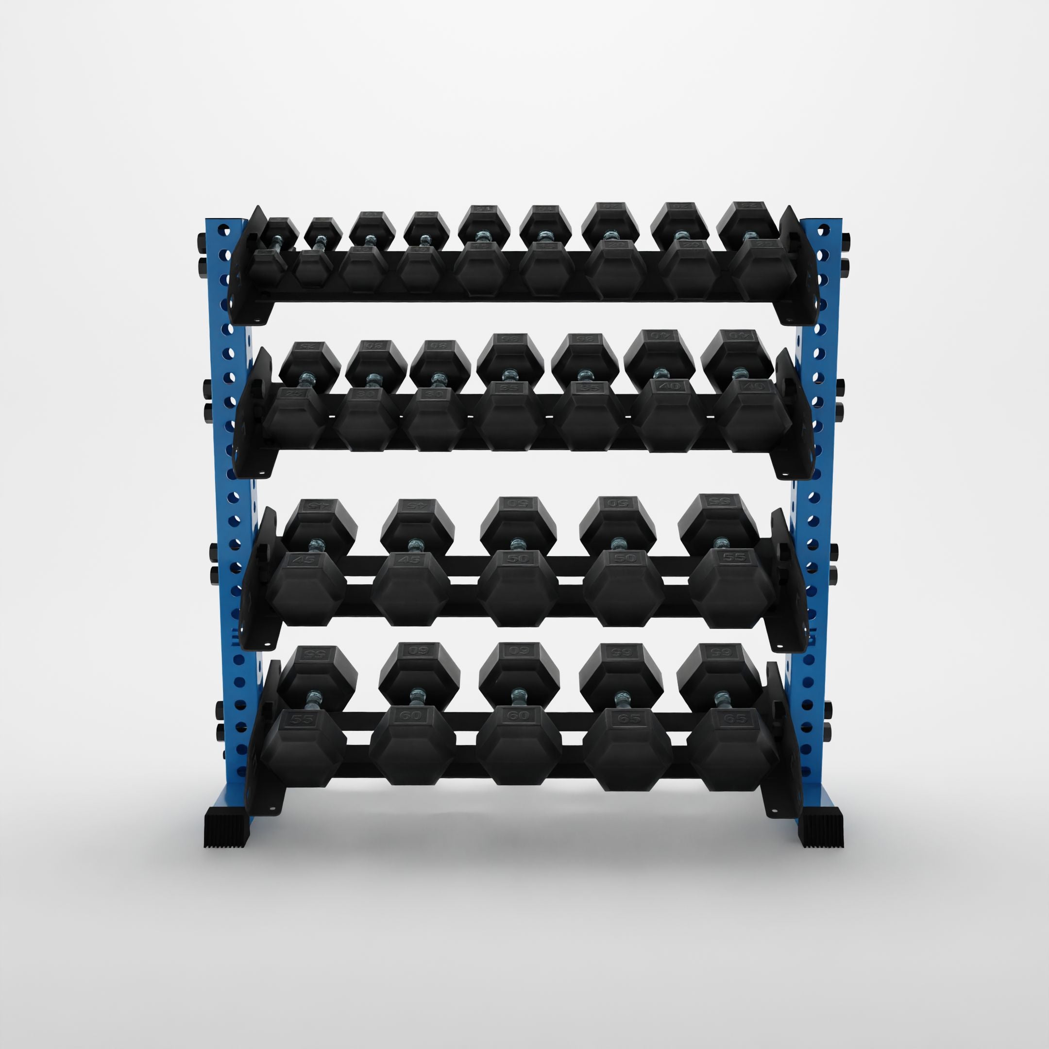 synergy blue 43-inch alpha 4-tier horizontal dumbbell rack storing hex dumbbells