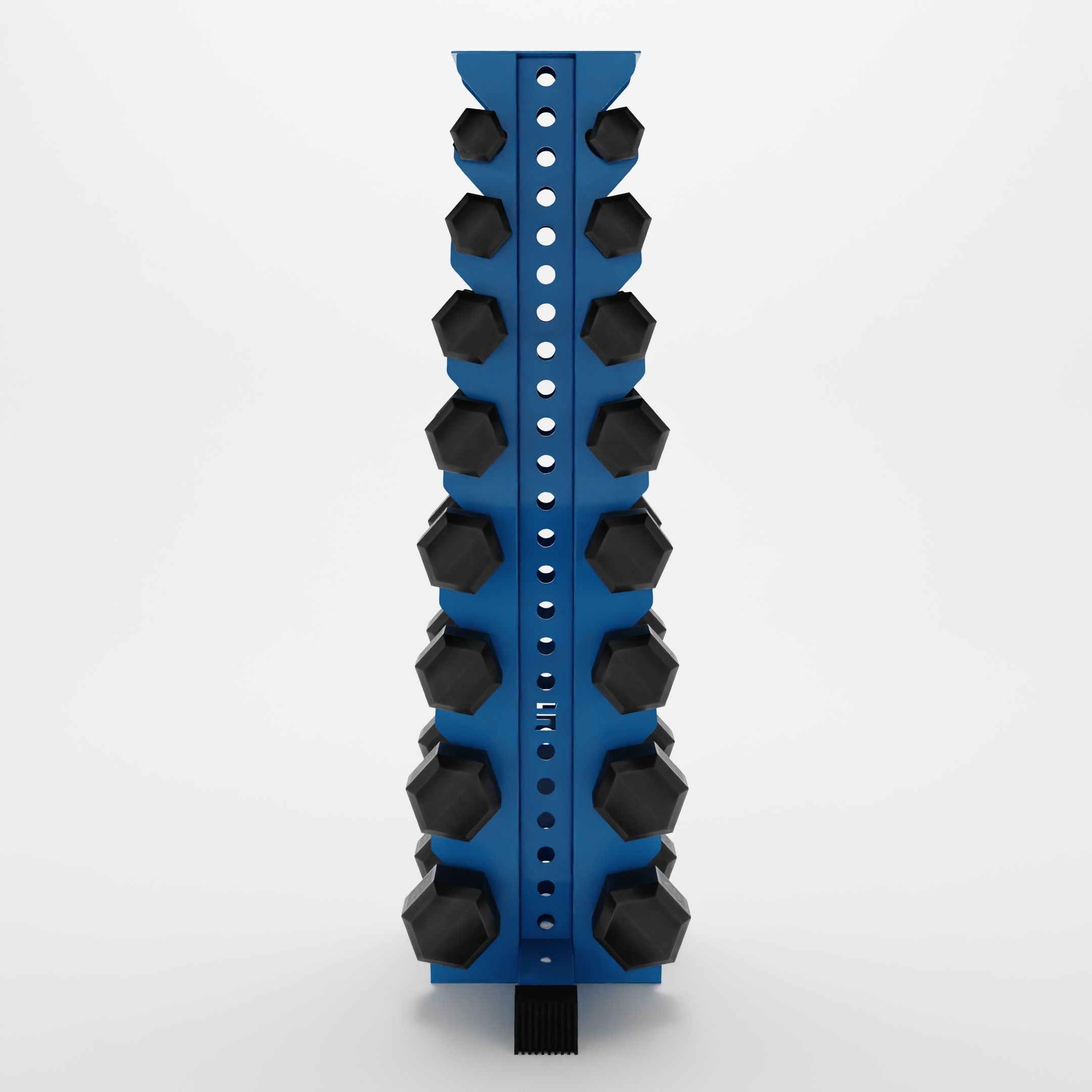 synergy blue alpha 8-tier vertical dumbbell storage rack storing hex dumbbells