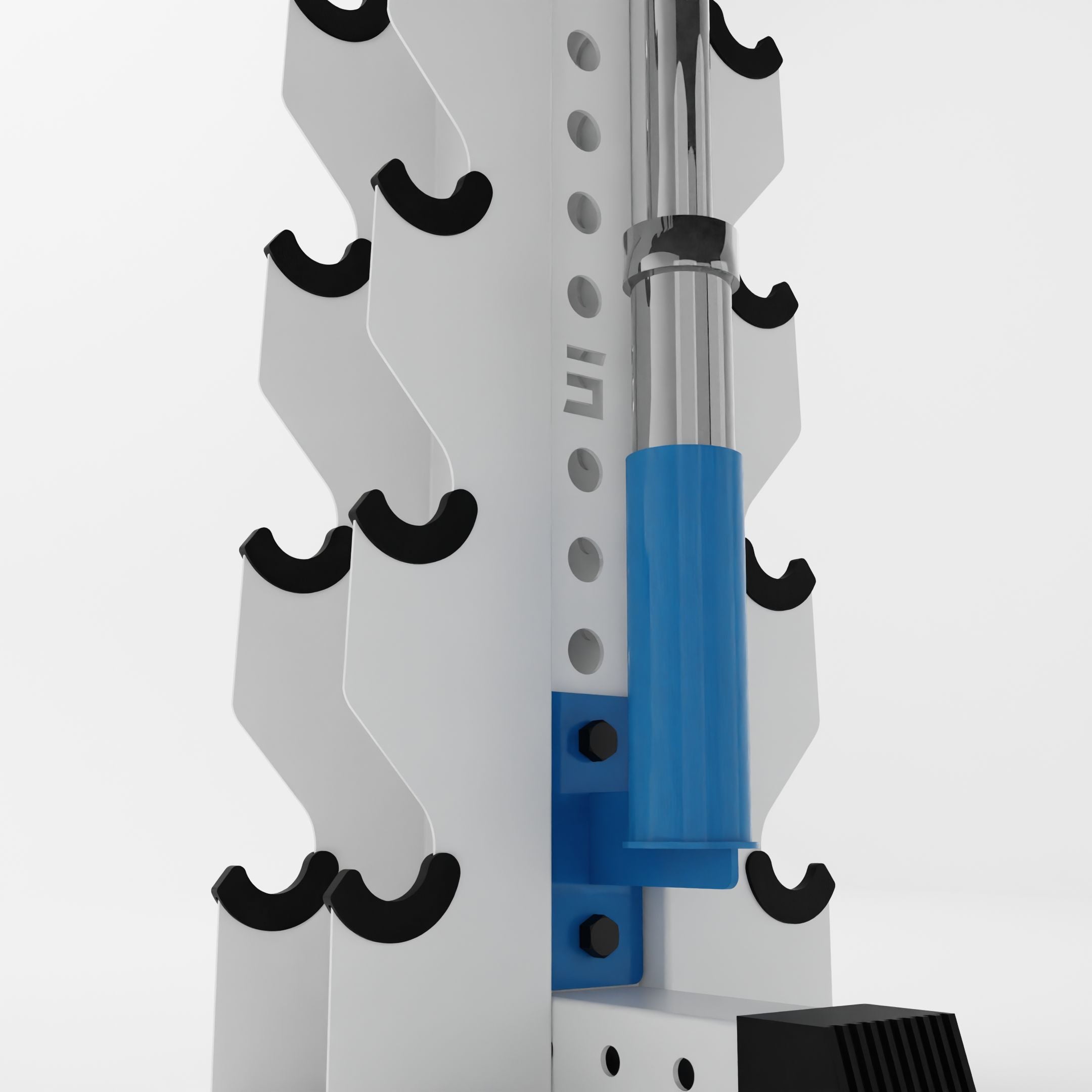 synergy blue barbell holder for a 3x3 upright holding a barbell