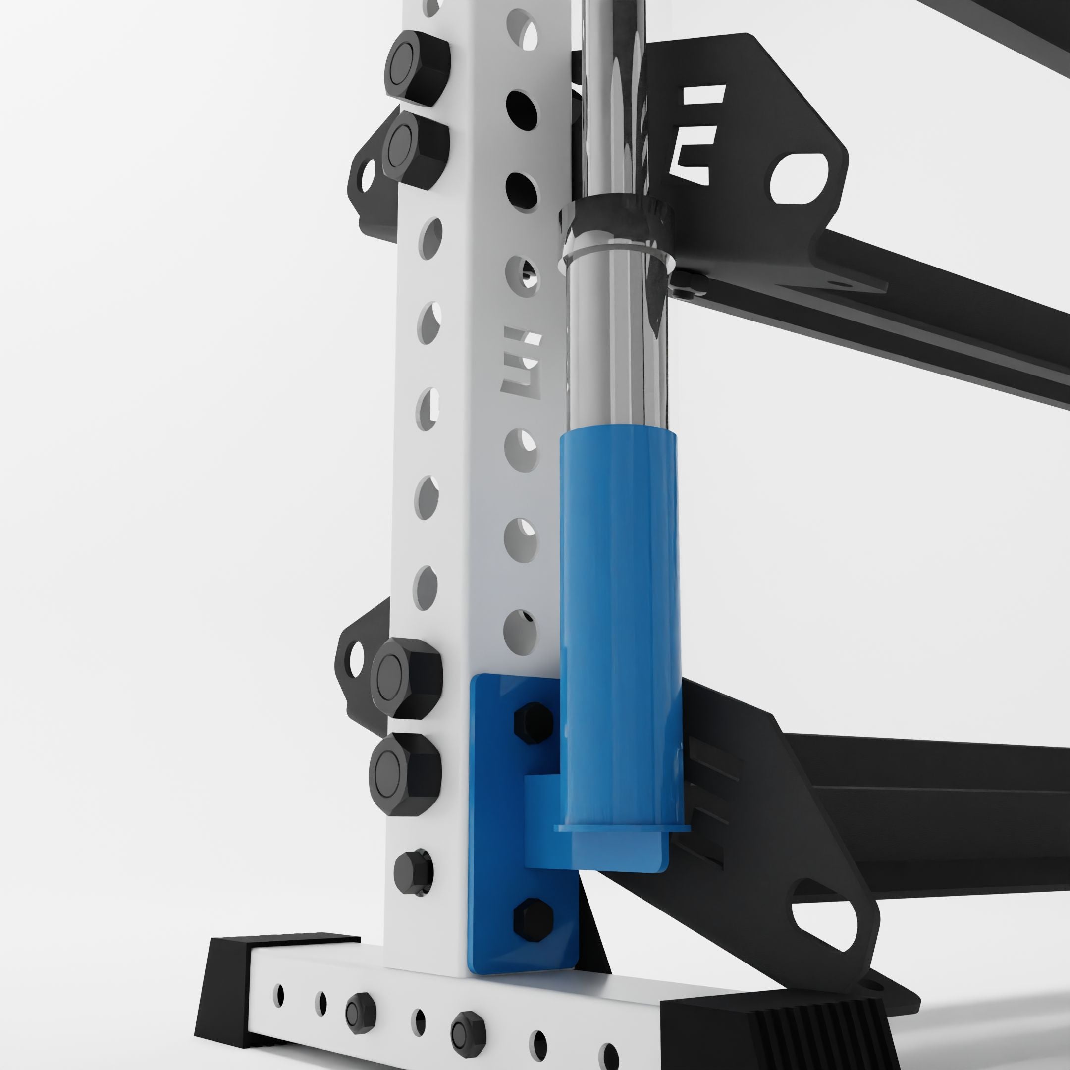 synergy blue barbell holder attachment for a 3x3 upright attached to a horizontal dumbbell rack