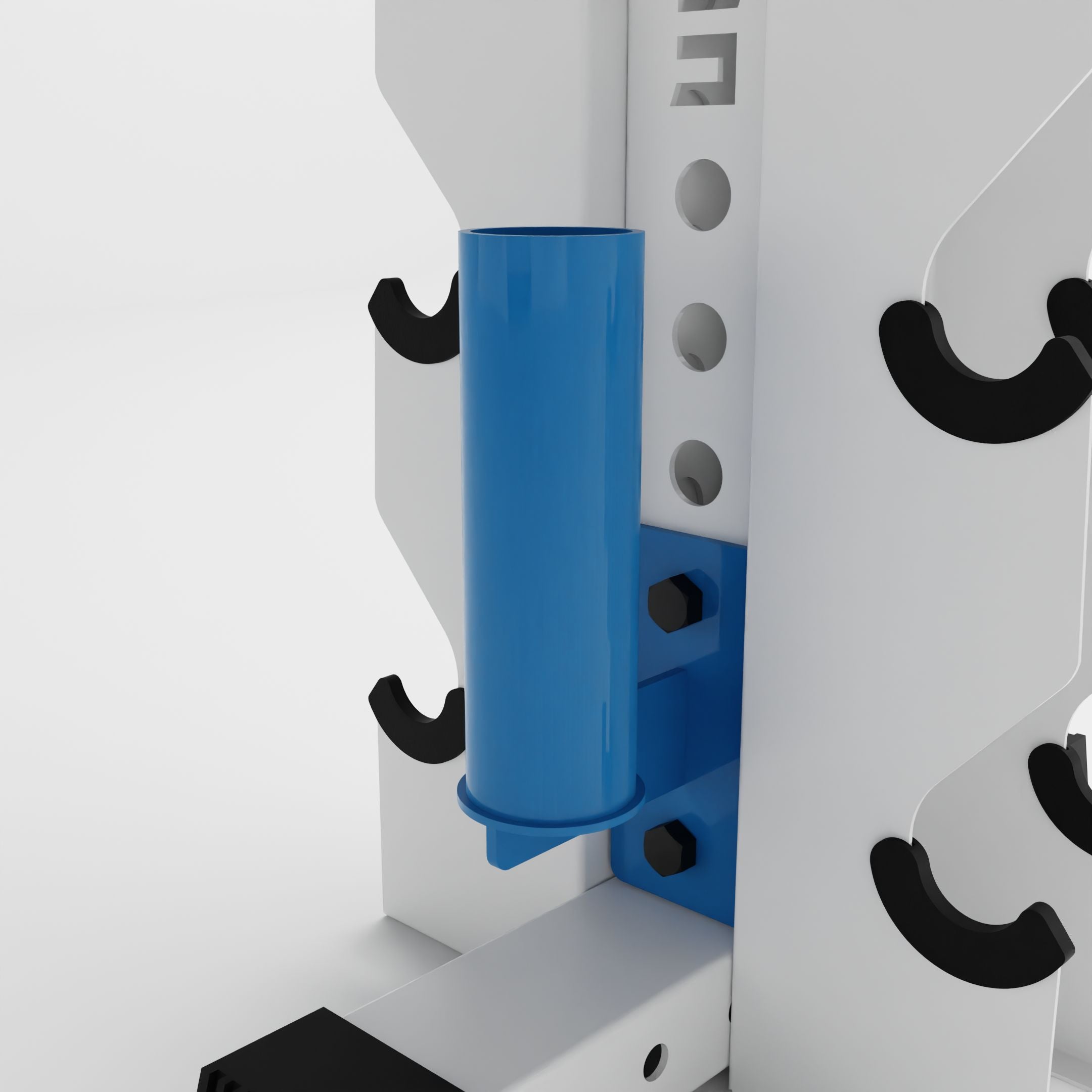 synergy blue barbell holder attachment for a 3x3 upright attached to a vertical dumbbell rack