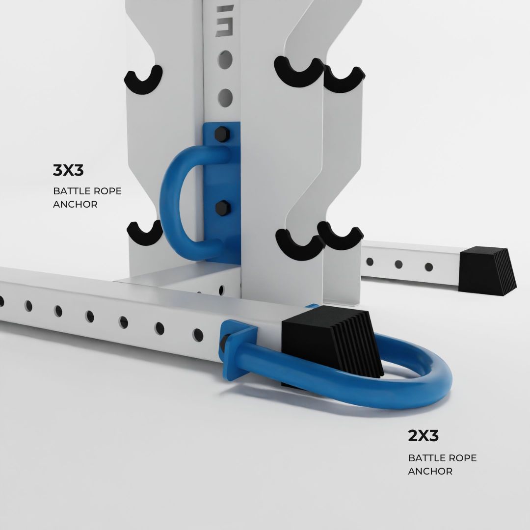 synergy blue battle rope anchors attached to a rack base