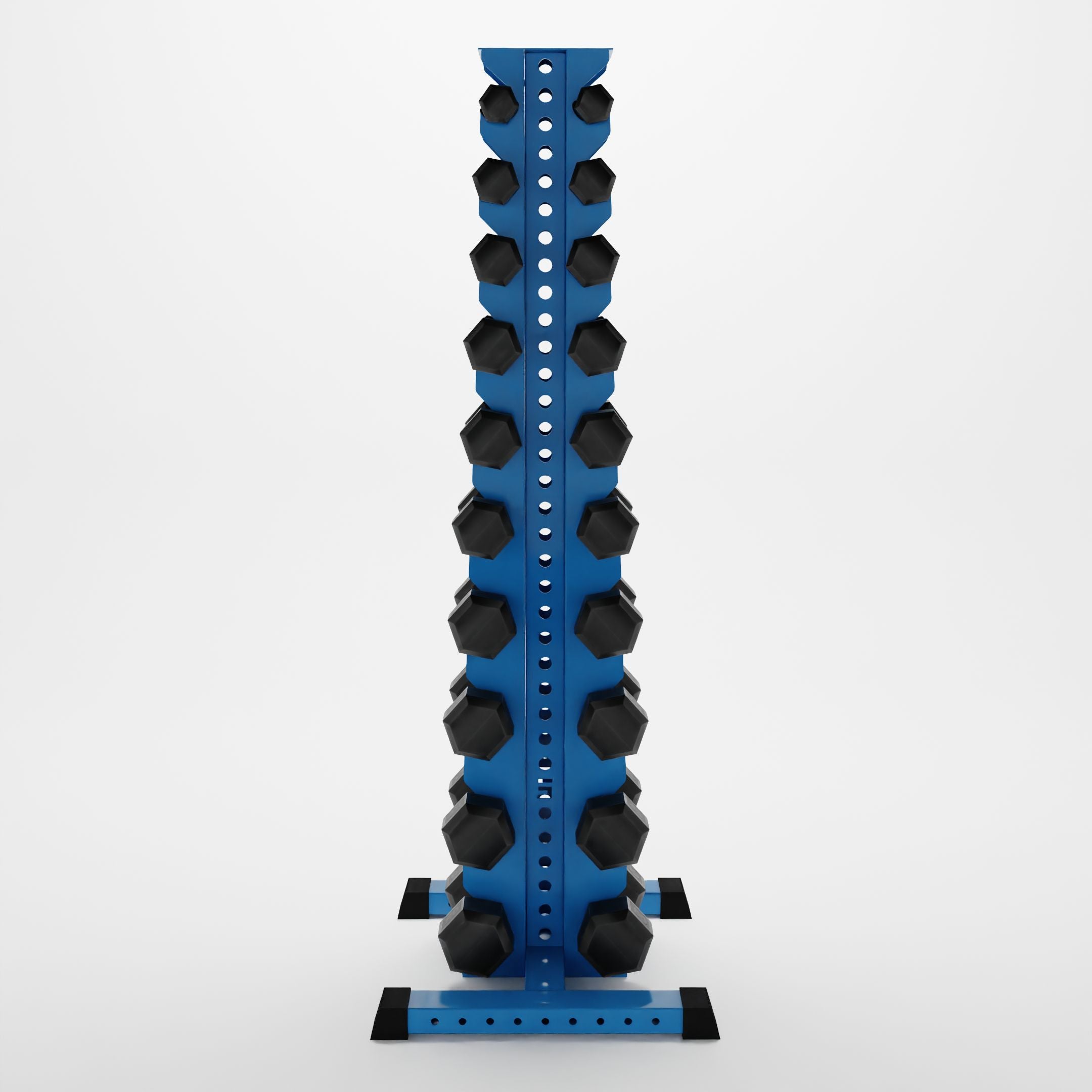 synergy blue delta 10-tier vertical dumbbell storage rack storing hex dumbbells