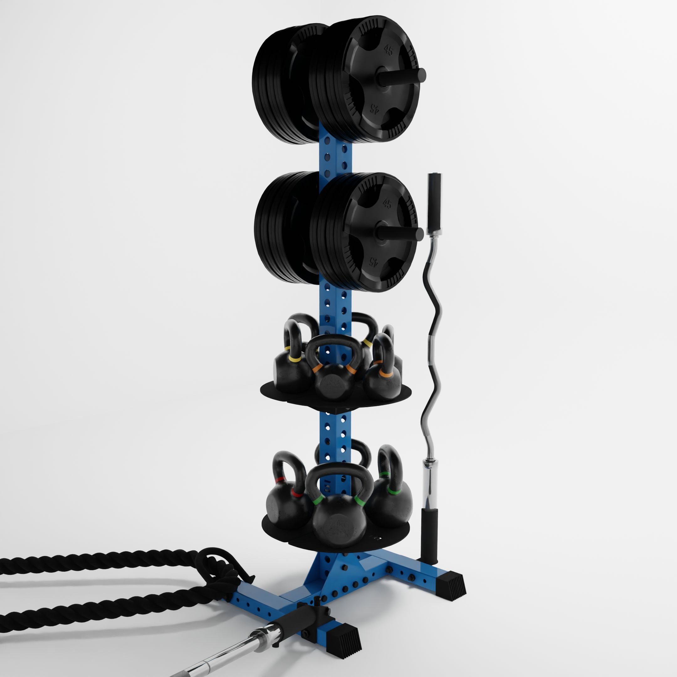 synergy blue delta pk vertical hybrid weight plate and kettlebell storage rack storing weight plates, kettlebells, barbells, and a battle rope using storage attachment accessories