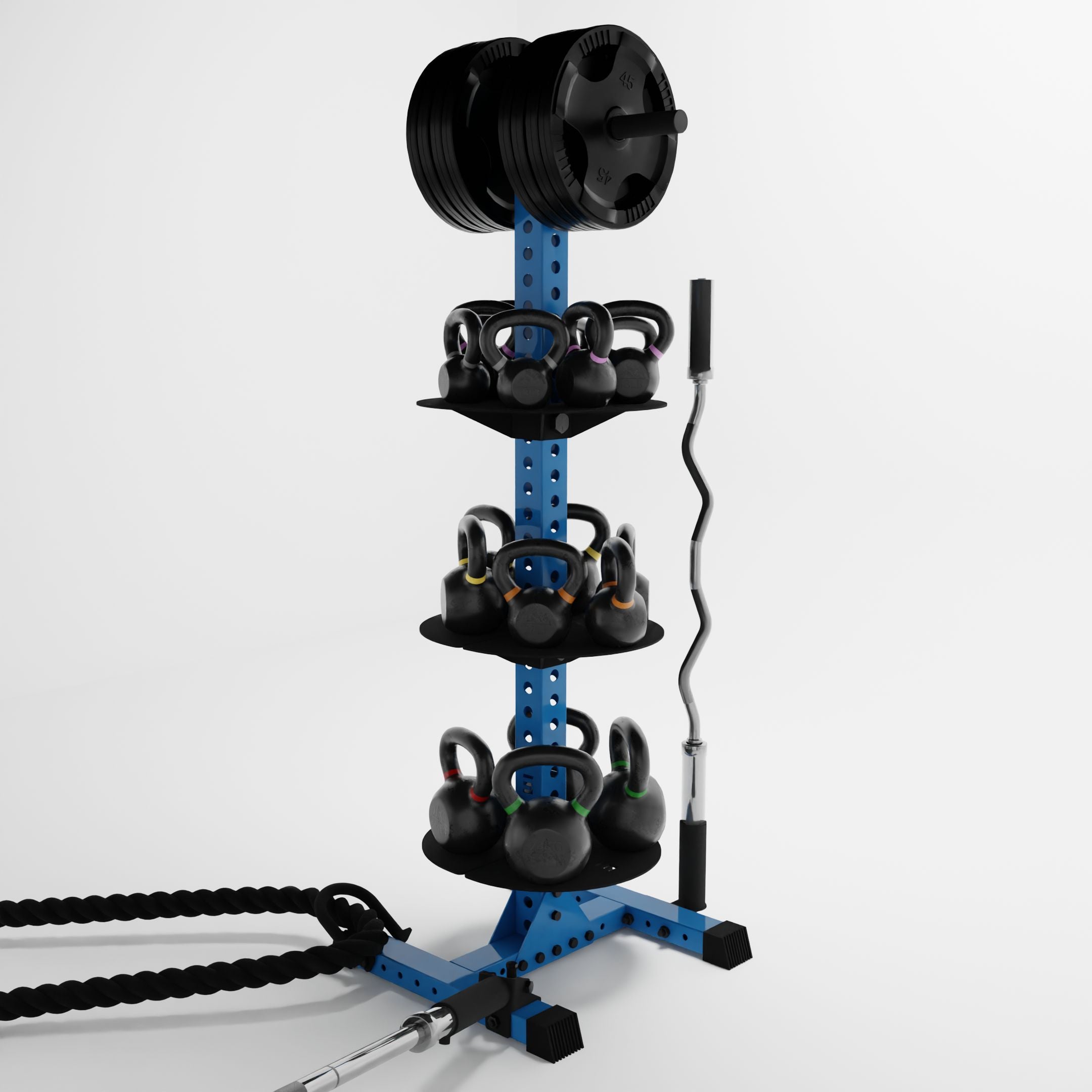 synergy blue delta pk vertical hybrid weight plate and kettlebell storage rack storing weight plates, kettlebells, barbells, and a battle rope using storage attachment accessories