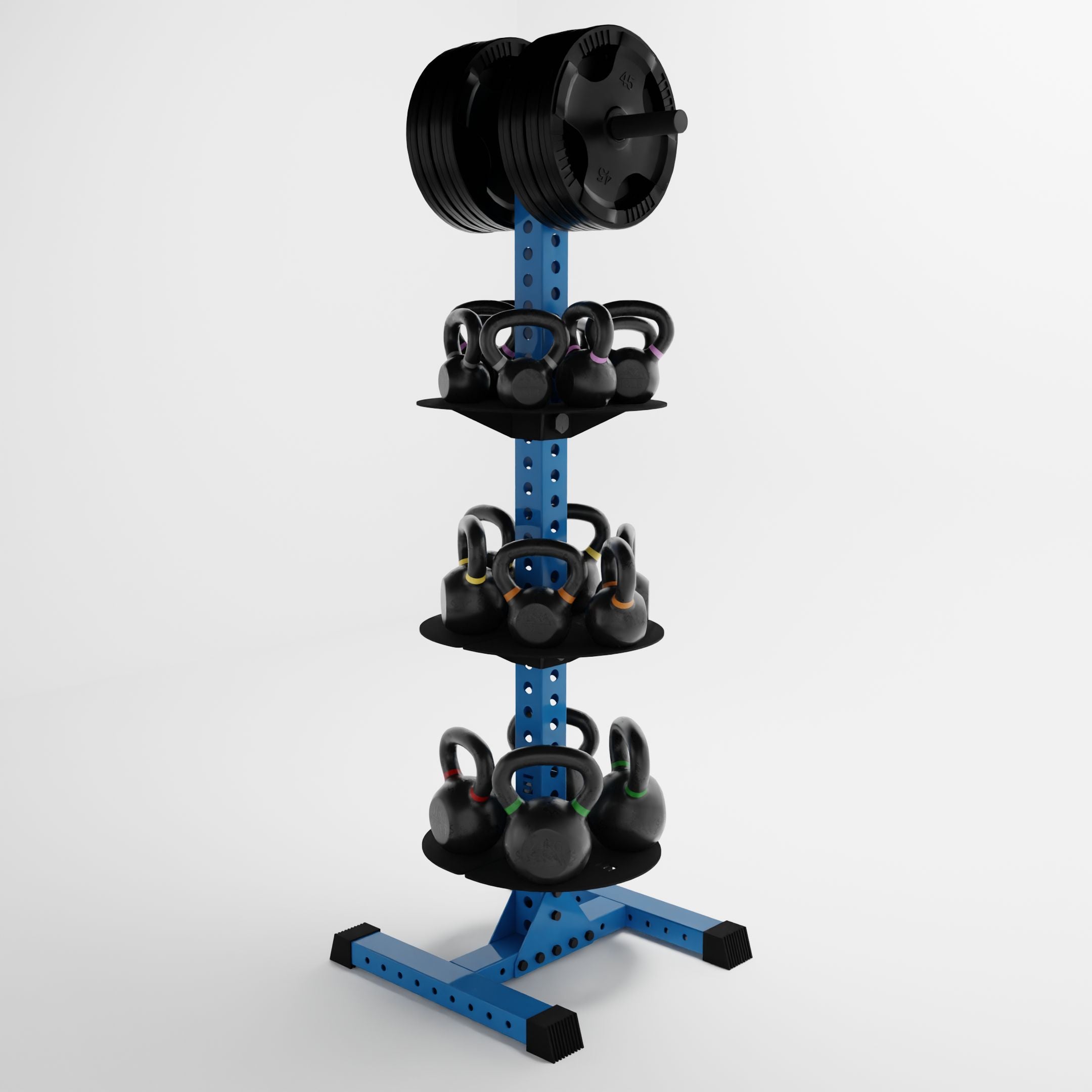 synergy blue delta pk vertical hybrid weight plate and kettlebell storage rack storing weight plates and kettlebells side view