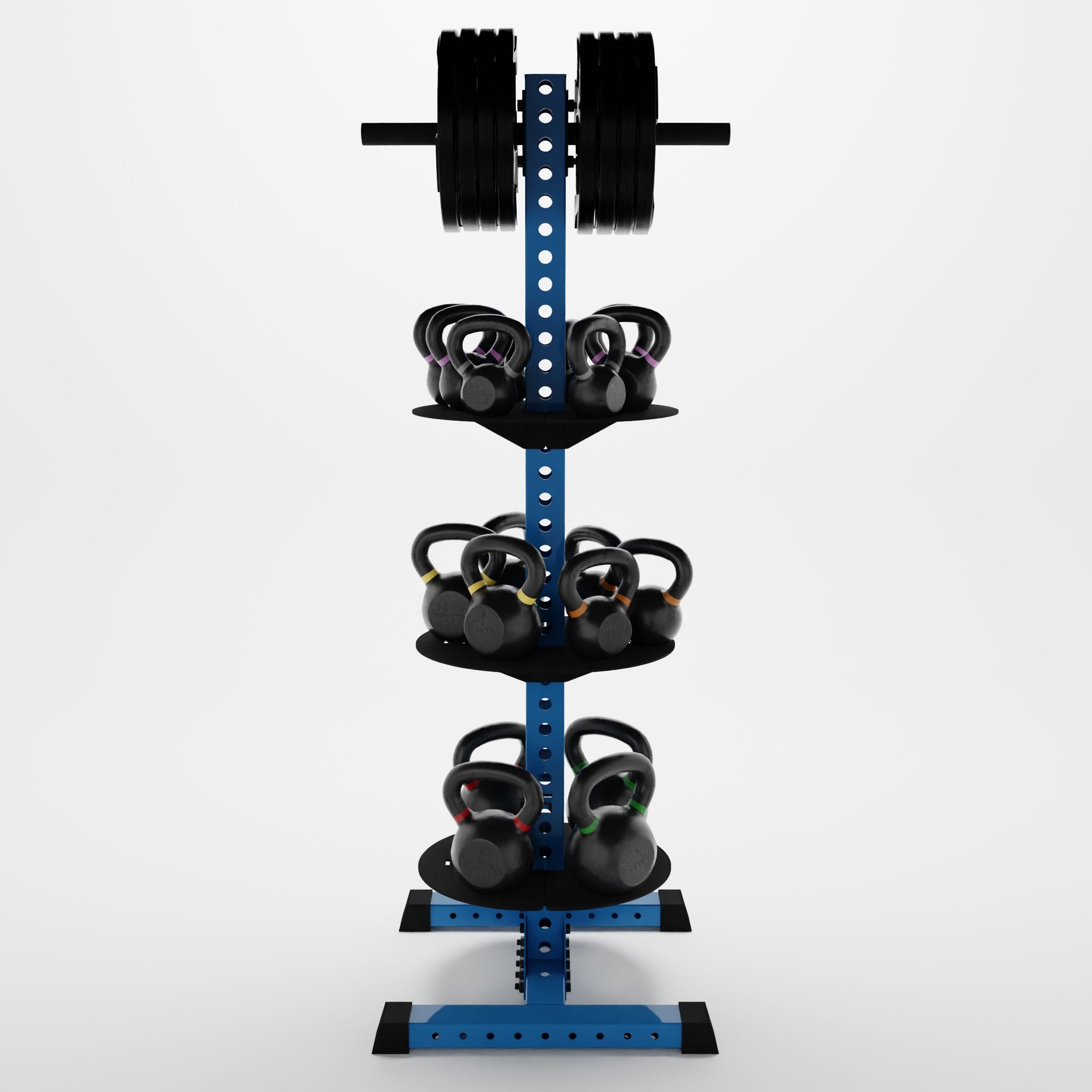 synergy blu delta pk vertical hybrid weight plate and kettlebell storage rack storing weight plates and kettlebells