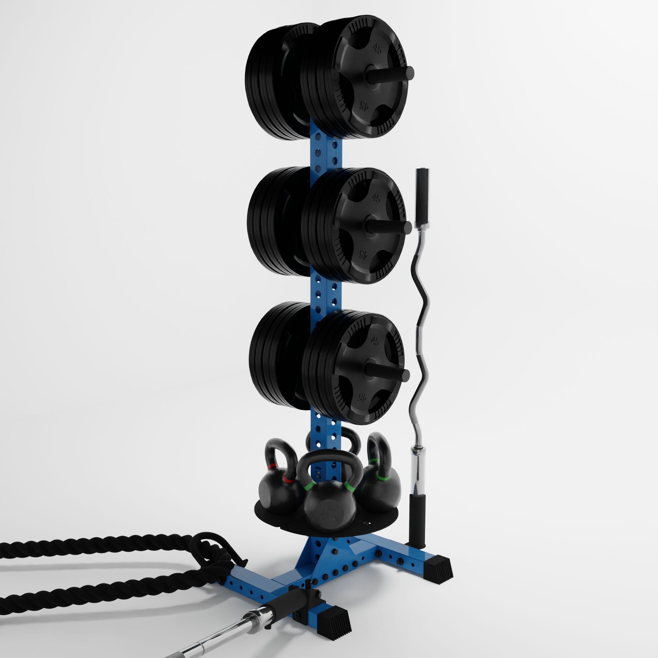 synergy blue delta pk vertical hybrid weight plate and kettlebell storage rack storing weight plates, kettlebells, barbells, and a battle rope using storage attachment accessories