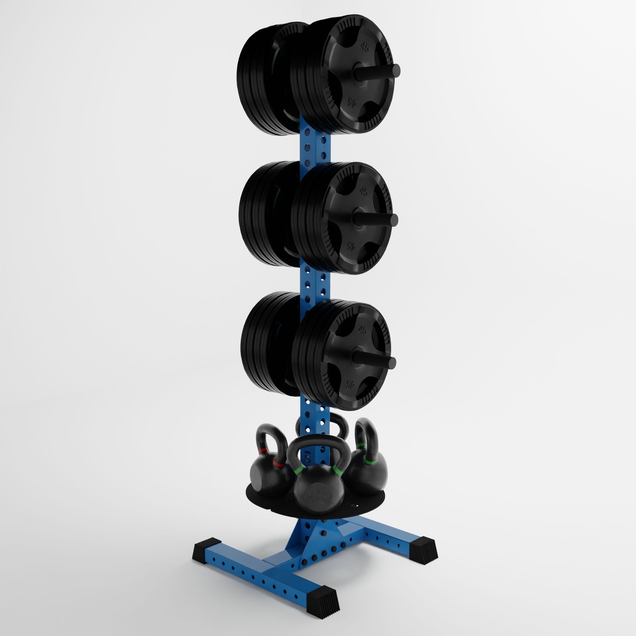 synergy blue delta pk vertical hybrid weight plate and kettlebell storage rack storing weight plates and kettlebells side view