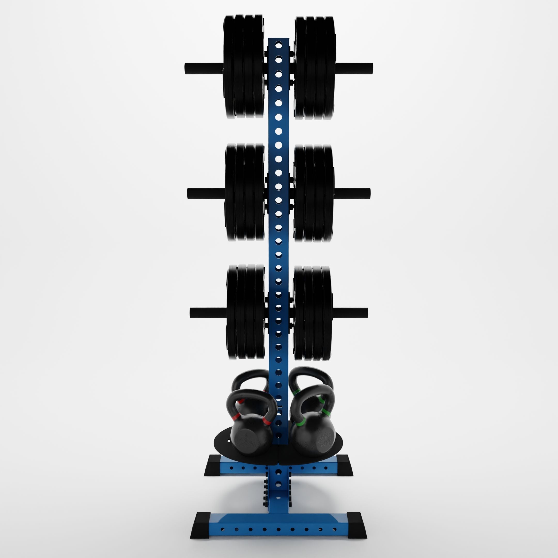 synergy blue delta pk vertical hybrid weight plate and kettlebell storage rack storing weight plates and kettlebells