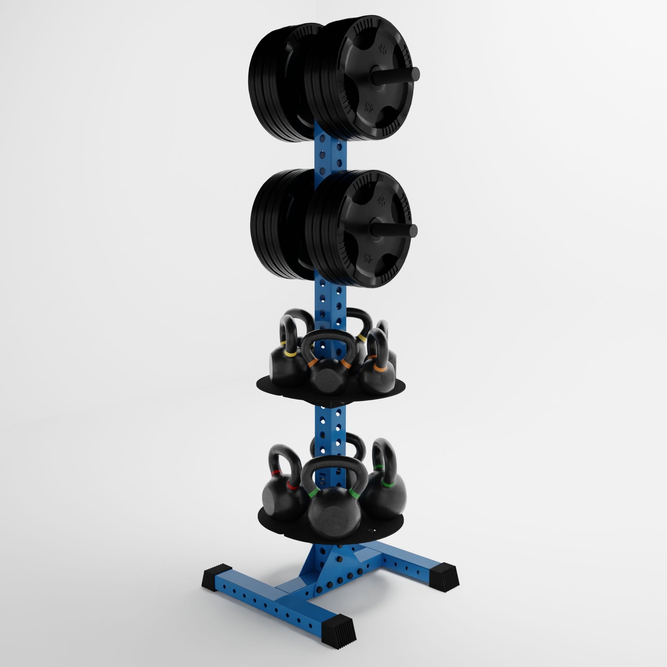 synergy blue delta pk vertical hybrid weight plate and kettlebell storage rack storing weight plates and kettlebells side view