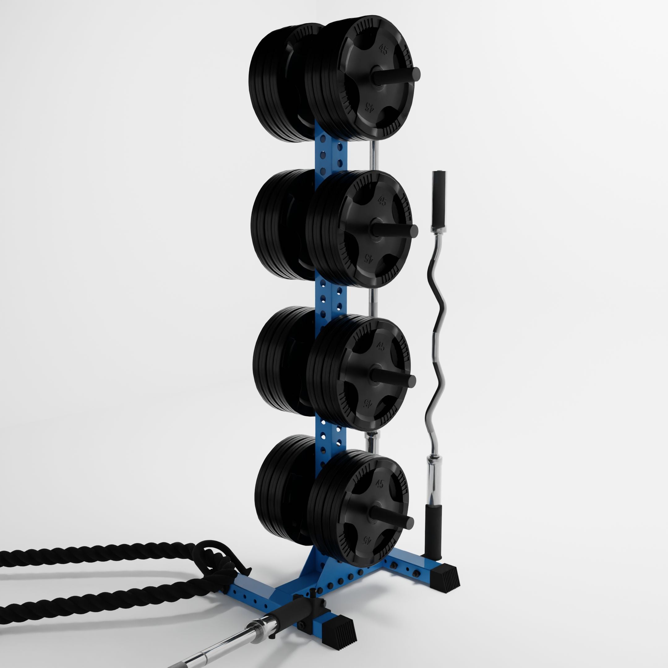 synergy blue delta 4-tier vertical weight plate storing weight plates, barbells, and a battle rope using storage attachment accessories