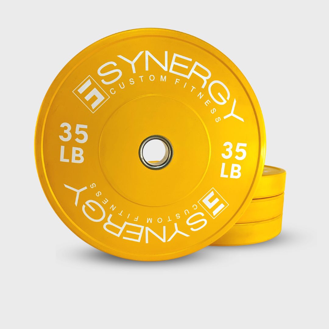 synergy custom fitness yellow 35 lb bumper plates