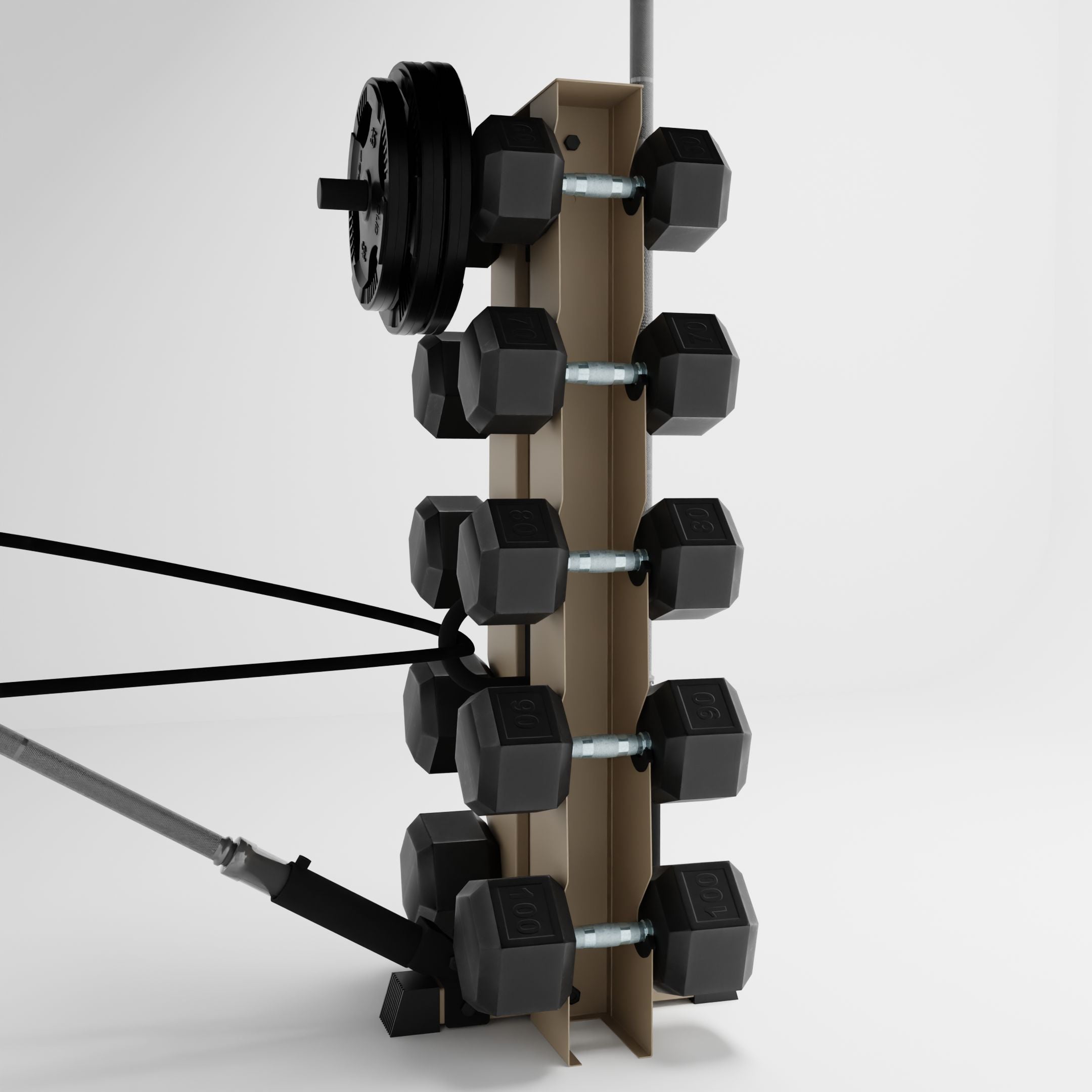 tan alpha elite vertical dumbbell storage rack with accessories holding dumbbells, weight plates, barbells, and a resistance band
