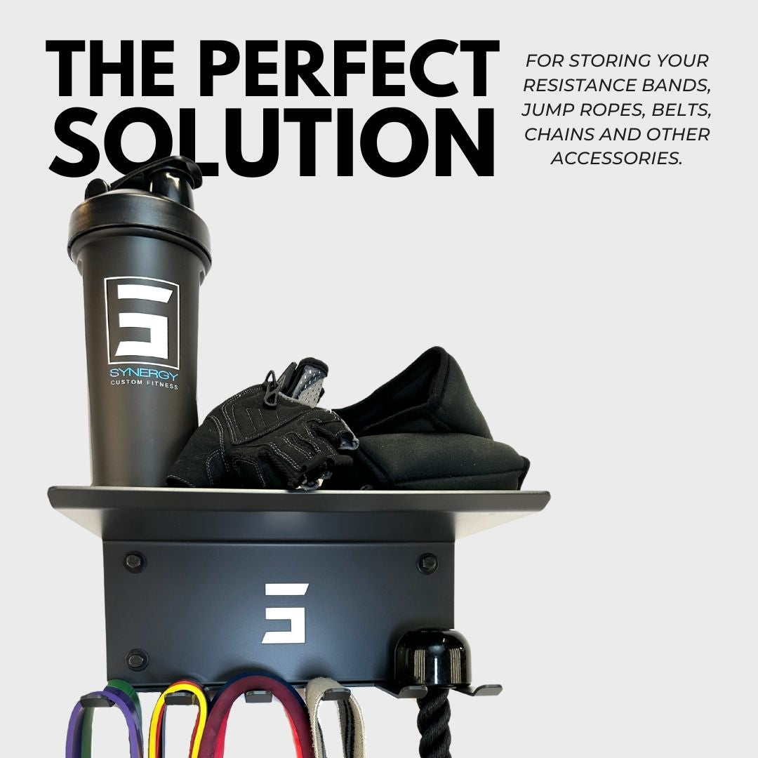 wall mount accessories hanger with shelf storing exercise equipment